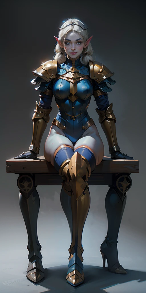 (masterpiece, best quality, ultra-detailed, best shadow, grey background:1.2) full body sitting on a bench showing ass to me, BLUE breastplate, BLUE skin (1girl) (BLUE skin:1.2) looking at viewer, shiny, armor, thigh highs, high boots, pauldrons shoulder armor, faulds, poleyn, gloves, gauntlets, rerebrace armored boots, yordle pointy ears muscular lean platinum blonde long twin tails hairstyle at the office lustful smirking smile face red blushed, blush, strong abs, female body builder, tiara, twin drills hair