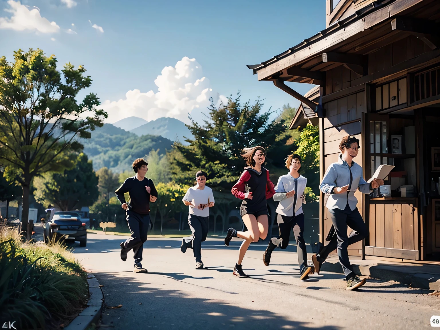 4 k detail fantasy, (((fullbody))), four boys running together, reading bible, (((side view))), happy, laughing, 2. 5 d cgi anime fantasy artwork, modern style, wow 4k detail fantasy, hyperdetailed fantasy character, full image,