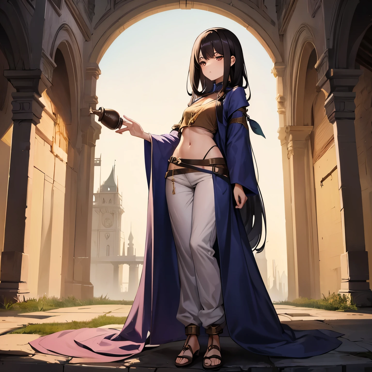 Beautiful mage girl who is mixing a potion, she's wearing a loose shirt and a baggy pants, she has long beautiful brunette hair, she's and thin, she is nervous, SFW, her clothes are baggy, her clothes are oversized, , she is thin and small,