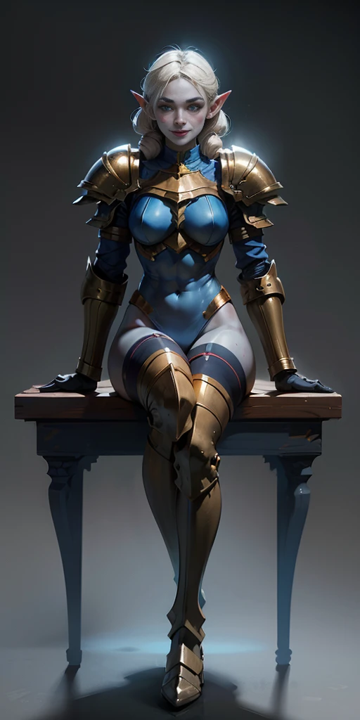 (masterpiece, best quality, ultra-detailed, best shadow, grey background:1.2) full body sitting on a bench showing ass to me, BLUE breastplate, BLUE skin (1girl) (BLUE skin:1.2) looking at viewer, shiny, armor, thigh highs, high boots, pauldrons shoulder armor, faulds, poleyn, gloves, gauntlets, rerebrace armored boots, yordle pointy ears muscular lean platinum blonde long twin tails hairstyle at the office lustful smirking smile face red blushed, blush, strong abs, female body builder, tiara, twin drills hair