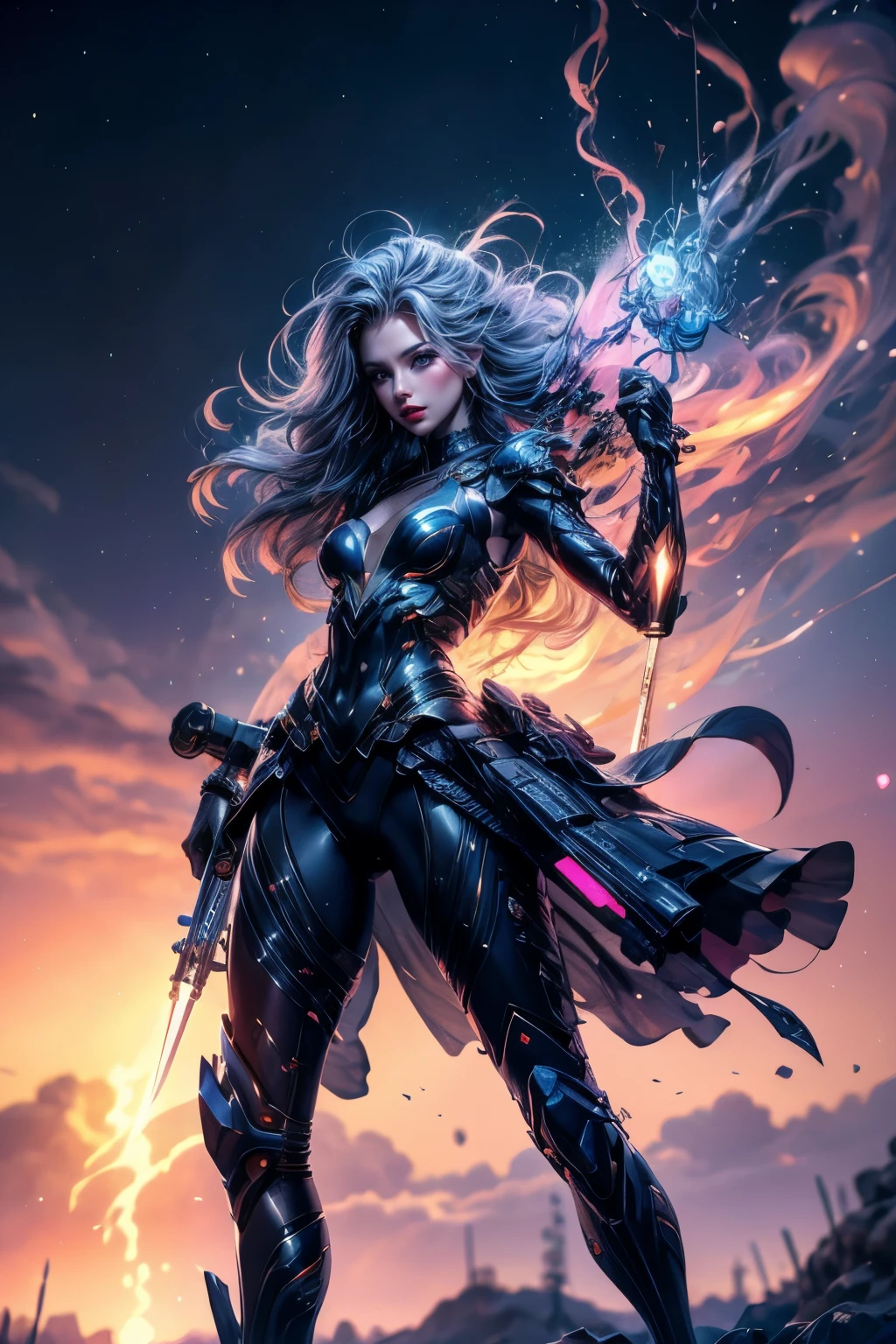 CG Mecha, Beautiful Eyes, Two people、Upper Body, (Mechanic), action、Female、Portraiture,jet suit、Complex3dheadset、perfection、Neon Light, 8k, born, highest quality,, 超A high resolution, colorful, (medium wide shot), (Dynamic Perspective), Sharp focus , (Depth of written boundary, Bokeh:1.3),rossdraws cartoon vibrant、Contemporary art, Highly detailed eyes and face,Ninja Artist, Beautiful fine details、iron, Trim Gear:1.2), (( highest quality)), Detailed Background, Inside the spaceship、Grab your weapon、(Gray Hair)、blue eyes、born物発光、Crescent Moon、Fantasy,masterpiece,Plug in、spectrum、confusion、kaleidoscope