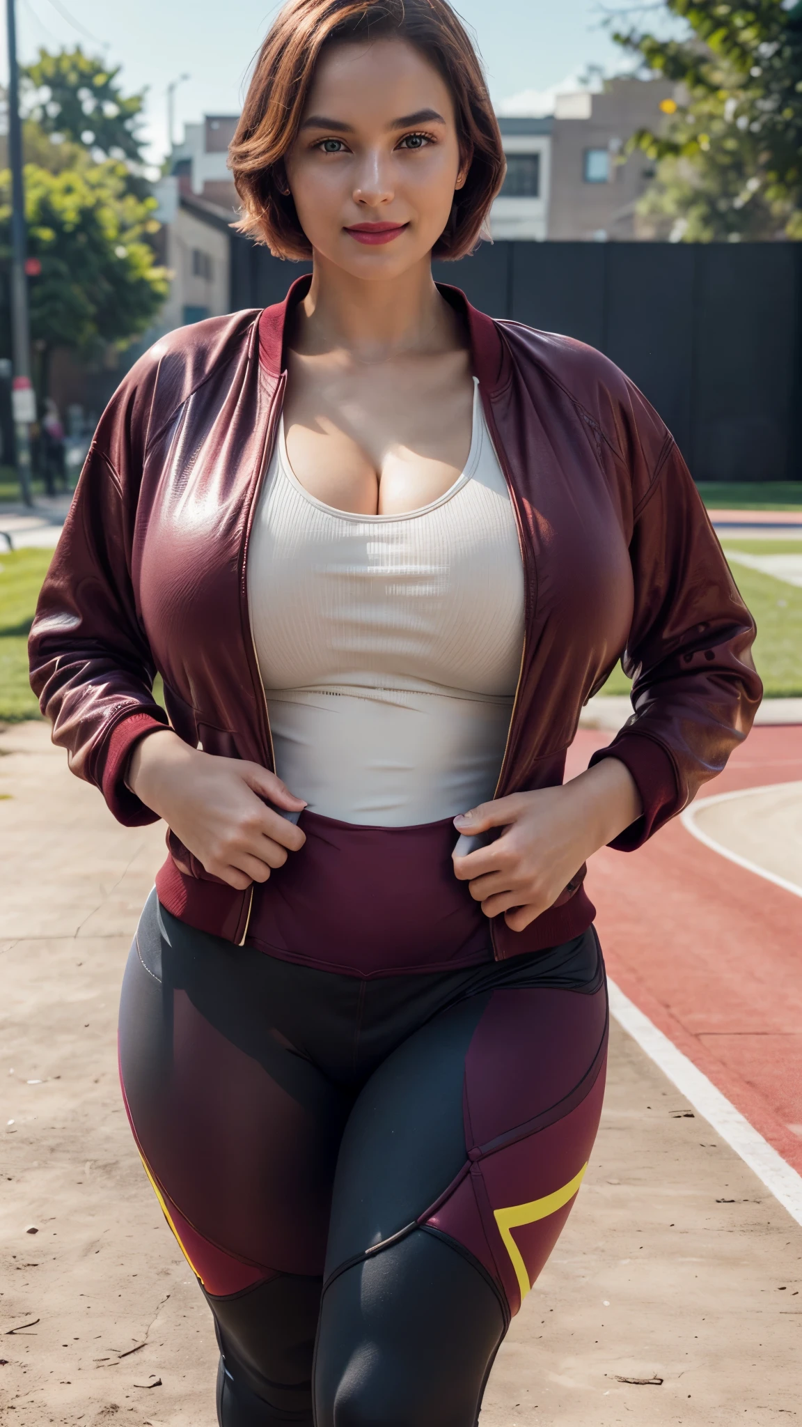 ((20 years old girl)), (wearing maroon jacket, sport tops, sport leggings : 1.4), (in a jogging track), (day time), (((gigantic size breasts, cleavage))),(sexy), ((hourglass figure)), lipstick, photorealistic, masterpiece, realistic, realism, photorealism, high contrast, photorealistic, 8k HD high definition detailed realistic, detailed, skin texture, hyper detailed, realistic skin texture, best quality, (photorealistic:1.4), high resolution, detailed, raw photo, photo realistic, (high detailed skin:1.2), 8k uhd, dslr, soft lighting, high quality, film grain, Fujifilm XT3), hyper realistic lifelike texture dramatic lighting unreal engine, even, neutral light, key light, bold, bright colours, (dynamic lighting), (soft lighting), ((soft red lipstick)), (natural makeup), ((short ginger hair)), ((glossy skin)), (colorful lighting), (smile: 1.2), (running : 1.4)