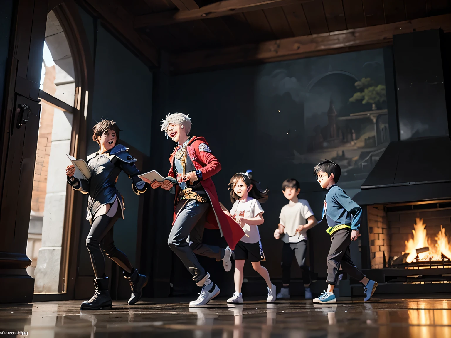 4 k detail fantasy, (((fullbody))), four boys running together, reading bible, (((side view))), happy, laughing, 2. 5 d cgi anime fantasy artwork, modern style, wow 4k detail fantasy, hyperdetailed fantasy character, full image,
