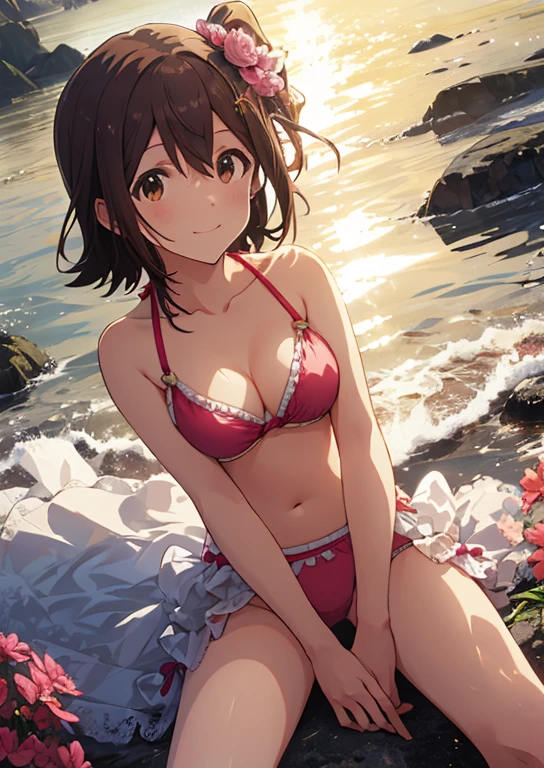 Mirai Kasuga, (highest quality, 8k, masterpiece, Very detailed:1.2), (Lens flare, Particles of light, Shine), Big Breasts, smile, Open your mouth, masterpiece, highest quality, Very detailed, High resolution, Very detailedなCG, (Official Art), Pink Bikini , (Spread your legs),Lift your legs, (Embarrassing:1.1), (blush:1.2), Open your mouth, (shout:1.1), (Moving lines:1.1),  Midsummer Sea