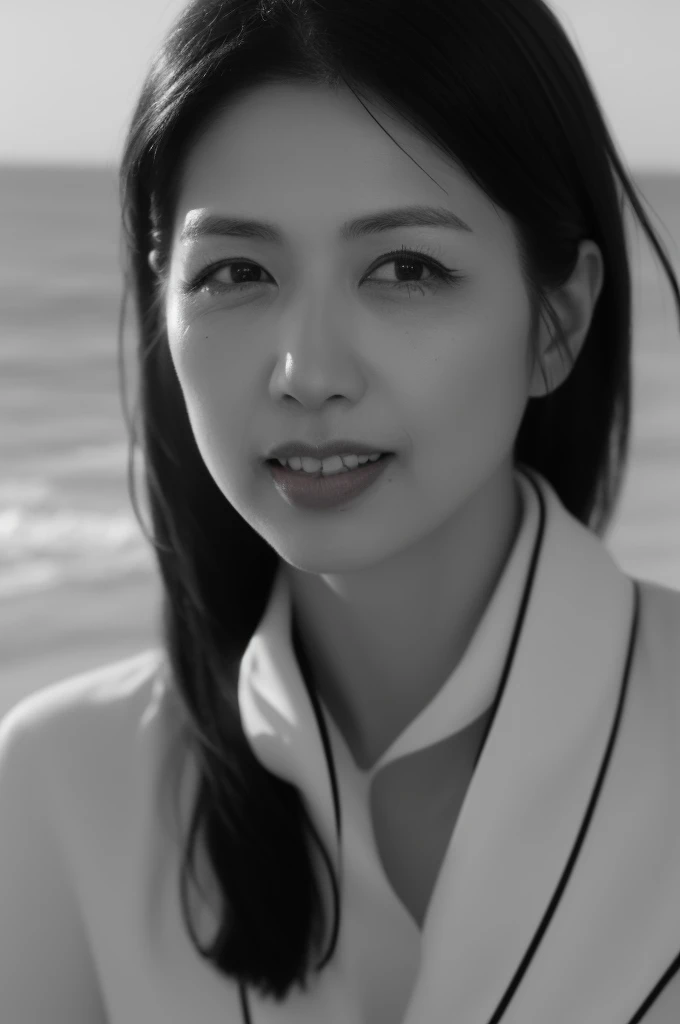 ((Top Quality)), ((8K)), ((Masterpiece: 1.3)), (Perfect Appearance), (Photorealism: 1.6), (grayscale: 1.6), (Japanese woman walking on the beach: 1.4), (sandy beach at sunset), (Mont Saint Michel can be seen in the background: 1.2), japanese woman, (48 years old), (back view), ((Standing upright, facing forward, center of screen)), ((Realistic skin texture)), (Fine wrinkles throughout the skin), (Dull skin), (Skin without moisture) , (Wrinkles on the face), (Wrinkles on the corners of the eyes), Double eyelids, tear bags on the lower eyelids, The eyes are looking here, serious gaze, smile with the corners of the mouth raised wide, straight medium length, hair fluttering in the wind, (Only women's lips are colored: 1.6), (face close-up: 1.3), (Red lips: 1.2), Angle from feet: 1.2,
