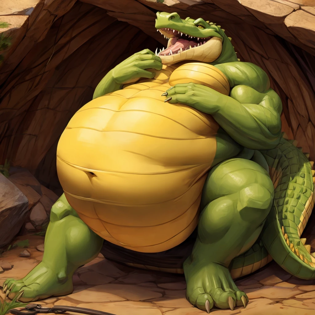 Alligator, green skin, yellow belly, lustful expression, large stomach bulges, vore, big belly,