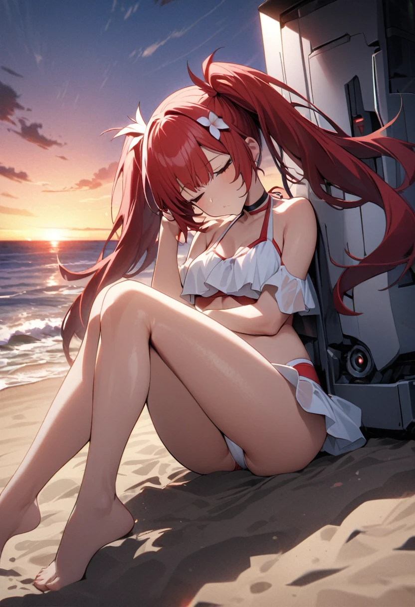 High quality, high definition, hig
h precision images,8k 1 woman、Robot Girl、red hair,Twin tails,Red eyes.robot style red and white barrette、Of summer long beach,red and white bikini 、sleeping on the sand, legs crossed、sunset,