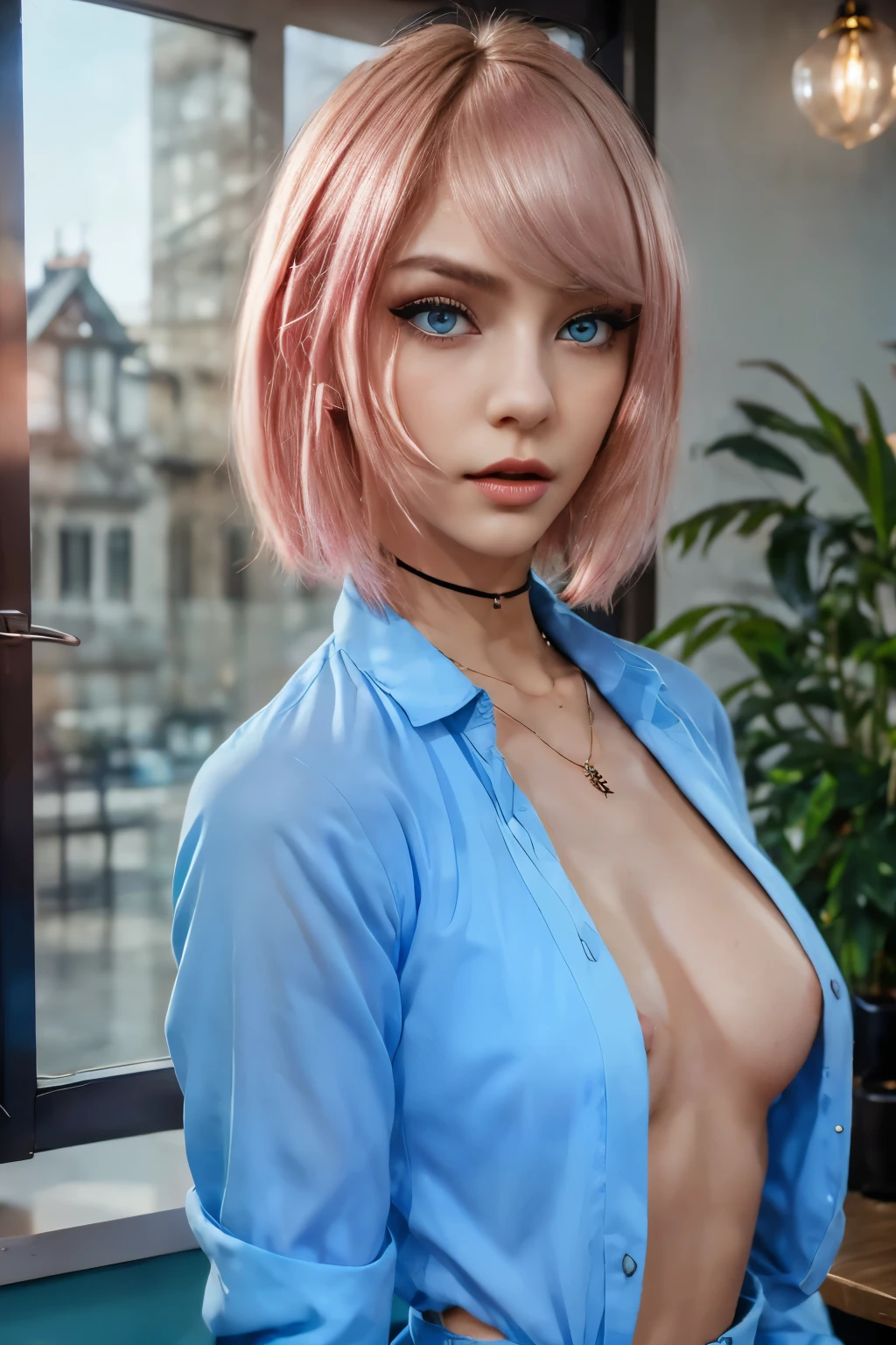 masterpiece, top-quality, 2Others, 1 woman, Adults, Height difference, different color, finely eye and detailed face, intricate detailes, Wizarding World Costumes, Inside the coffee shop, During the walk, Men and women side by side, A smile, Happiness, tenderness, youthfulness, high-level image quality、 Beautiful men and women、tall、window、𝓡𝓸𝓶𝓪𝓷𝓽𝓲𝓬、British men, Idol Photos, k pop, Professional Photos, Vampire Man and Witch, Fedoman with necklace, inspired by Sim Sa-jeong, androgynous vampire, :9 detailed face: 8, extra detailed face, detailed punk hair, ((Light blue eyes)) baggy eyes, Seductive. Highly detailed, semi realistic anime, Vampires, hyperrealistic , delicate androgynous prince, imvu, short hair above the ears, Man with short hair, Woman with long hair, With a man with a glaring expression, Woman with a gentle expression, ((With an Englishman with short blonde hair and light blue eyes)), ((Woman with pretty long pink hair and light blue eyes)),