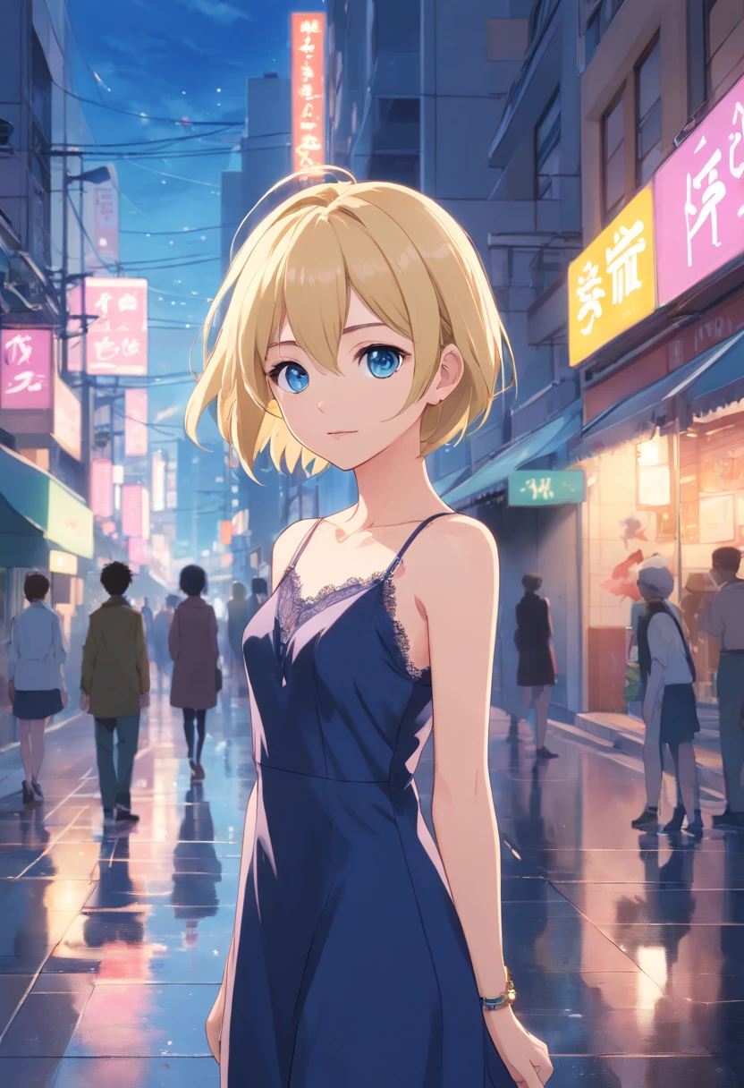 17 years old Women, ((Blonde)), ((Blue eyes)), ((Short hair)), ((Full shot)), very detailed makeup, pale pink lipstick, long earrings, bare shoulders and jewelry necklace, black satin dress with lace, a bracelet on her arm and black high-heeled shoes, standing in front of a Ferraricar, city night, wet floor