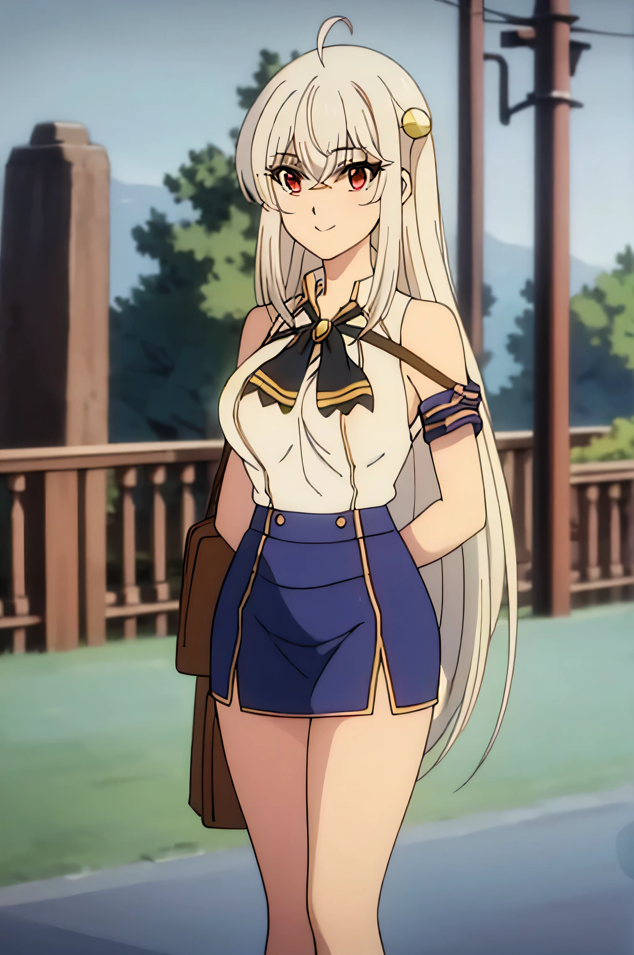 (Masterpiece Anime, One, Retro art style, Clean brush strokes, Very detailed, Perfect Anatomy, Browsing Caution), City Background, In front of the school gate, (Full Body Shot), (ninym ralei), １Girl, Eyebrows visible through hair, bangs, Silver Hair, Red eyes, (Sansakumaru:1.4), (Beautiful and detailed:1.5), Confident々Smile, High Body, Long and beautiful legs, (Large Breasts:1.5), (Sexy Poses), (Sailor suit top), (Sailor suit miniskirt, Navy blue), Leather student bag,