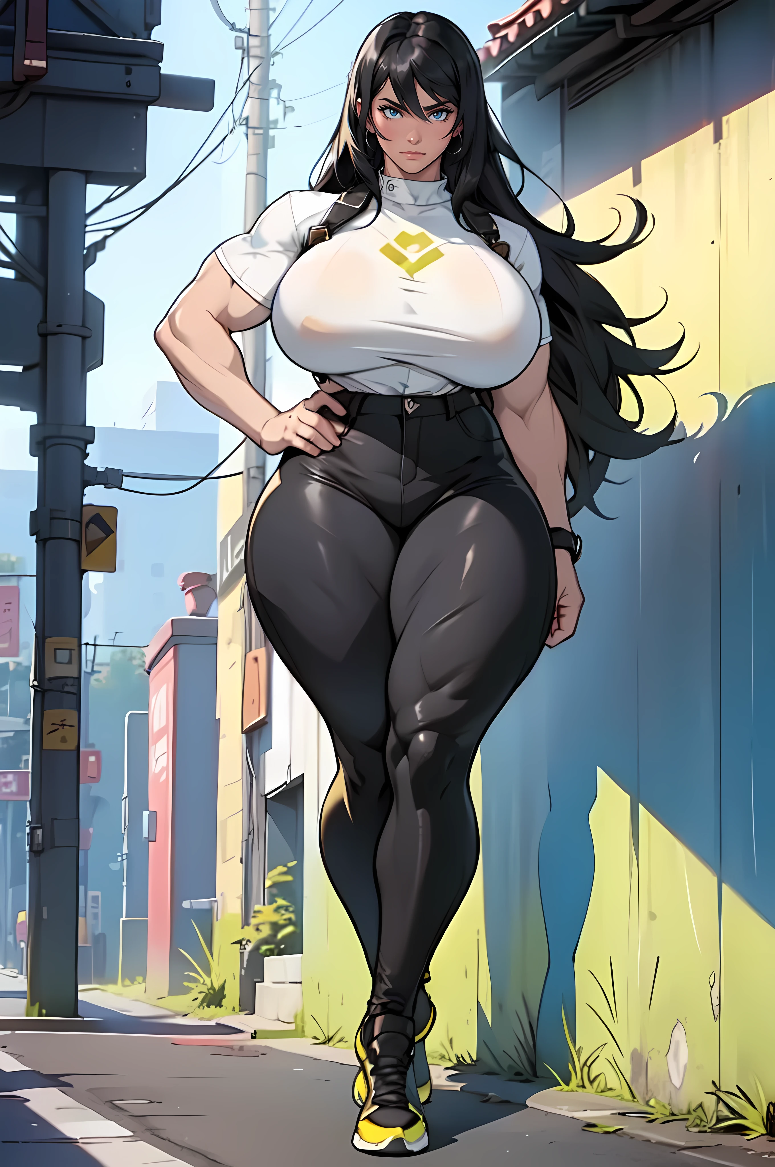 ((((muscular 1girl)))) (((thick thighs huge breasts))) (pale skin) black hair yellow eyes very long hair ((full body)) tight shirt tight pants
