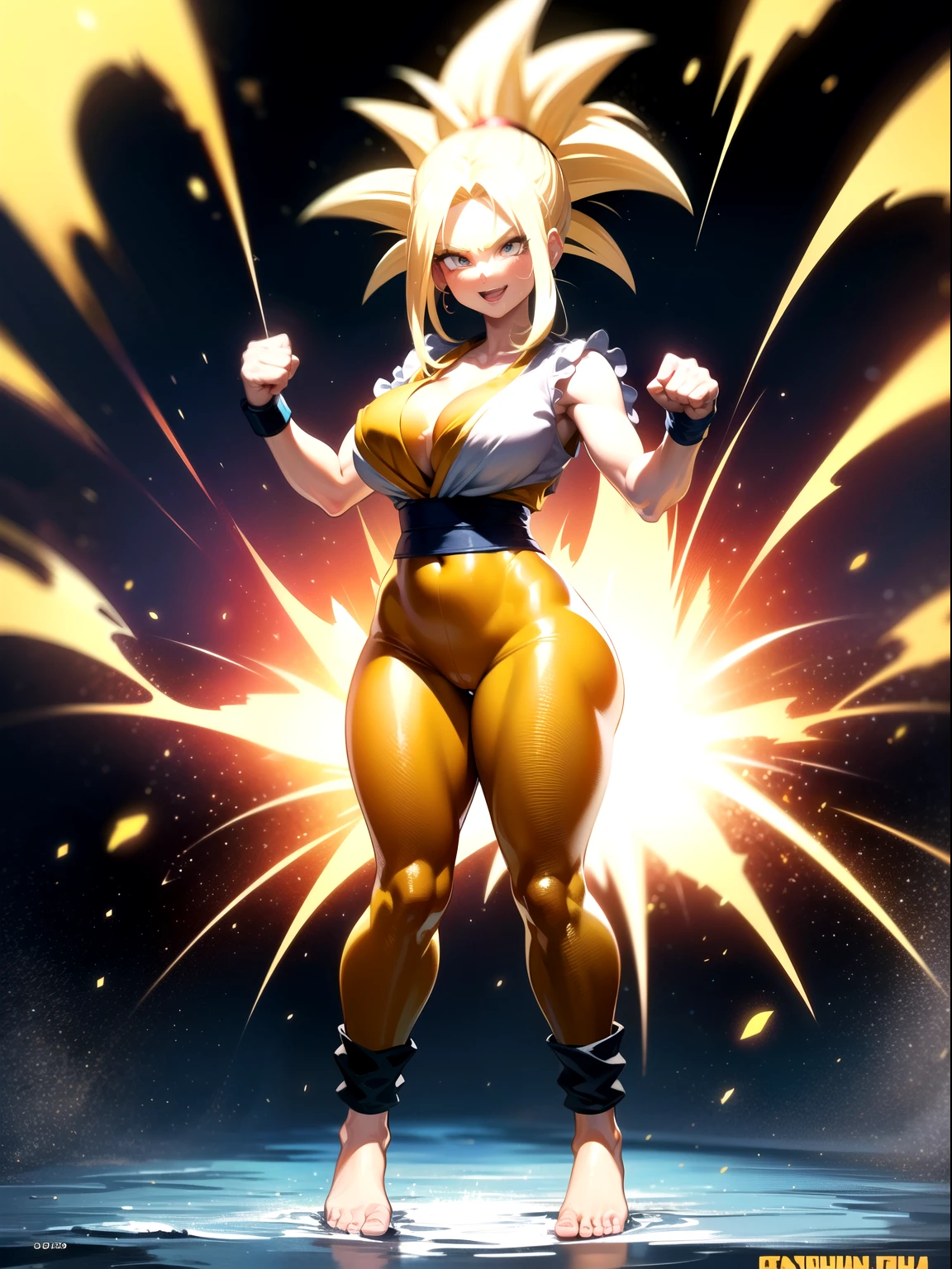 Only one Girl on image, (((Anime Neko-Girl transformed on Super Saiyan golden hair))), ((Full body photo, feet on the ground, straight body, Dragon Ball Anime)), ((Laura/woman, big breasts, extremely beautiful)), ((Hair in a ponytail)), (the hair moving through the waves of energy) {as if it were wind}, ((Super Saiyan Superior Instinct)) {transformed into Super Saiyan}, ((is wearing Son Goku+'s costumes extremely tight on her body)). She's {looking at the viewer, smiling, fists clenched}, (((emanating super saiyan energy around his body along with wind))) high detail, anime, 16k, UHD, retina, retina, accurate, anatomically correct, textured skin, super detail, high quality, award-winning, Her outfit is soaked in water, she's staring at the viewer, smiling, fists clenched, concentrating magical aura, in a front-facing attack pose. Anime Dragon Ball, high detail, anime, 16k, UHD, retina, retina, accurate, anatomically correct, textured skin, super detail, high quality, award winning, one only character