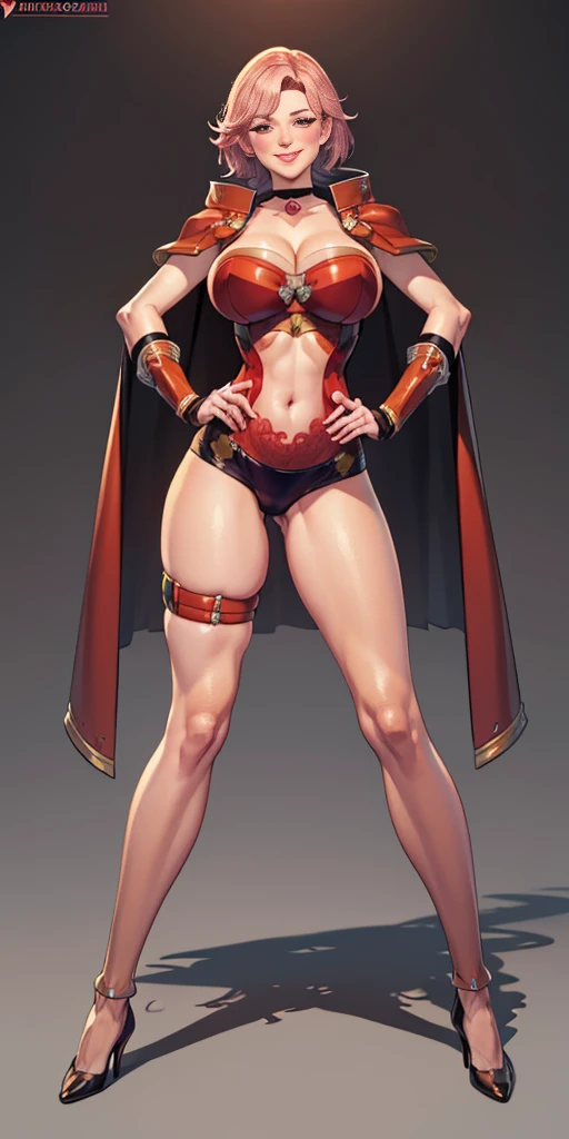 (masterpiece, full body, game art style, best quality, high res, 4k, 8k, detailed illustration, intricate detail, cinematic lighting, amazing quality, ultra detailed, best shadow, grey background:1.2) Two long thighs, yellow eyes, blonde hair, short hair, large breasts, detached sleeves, royal tiara, long cape, yellow tiger bikini, high heels, hands on hips. red tattoo on belly navel, full body female MILF BIMBO, lustful smirking smile face (red blush), metal shoulders, golden bracers sleeveless, black choker sex slave