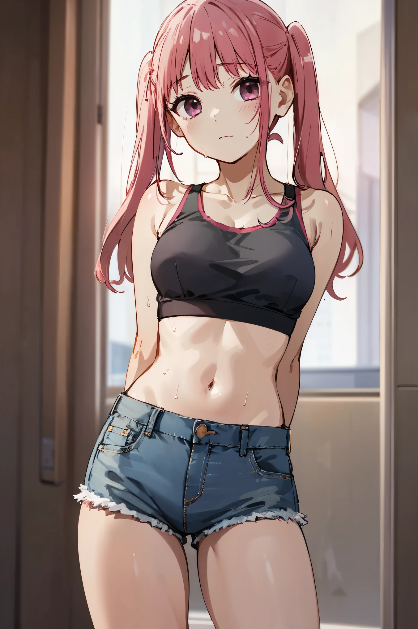 1girl, pink hair, wearing Sport Bra, denim shorts, sweating, city, absurdres, high res, ultrasharp, 8K, masterpiece, looking at viewer, hands behind back