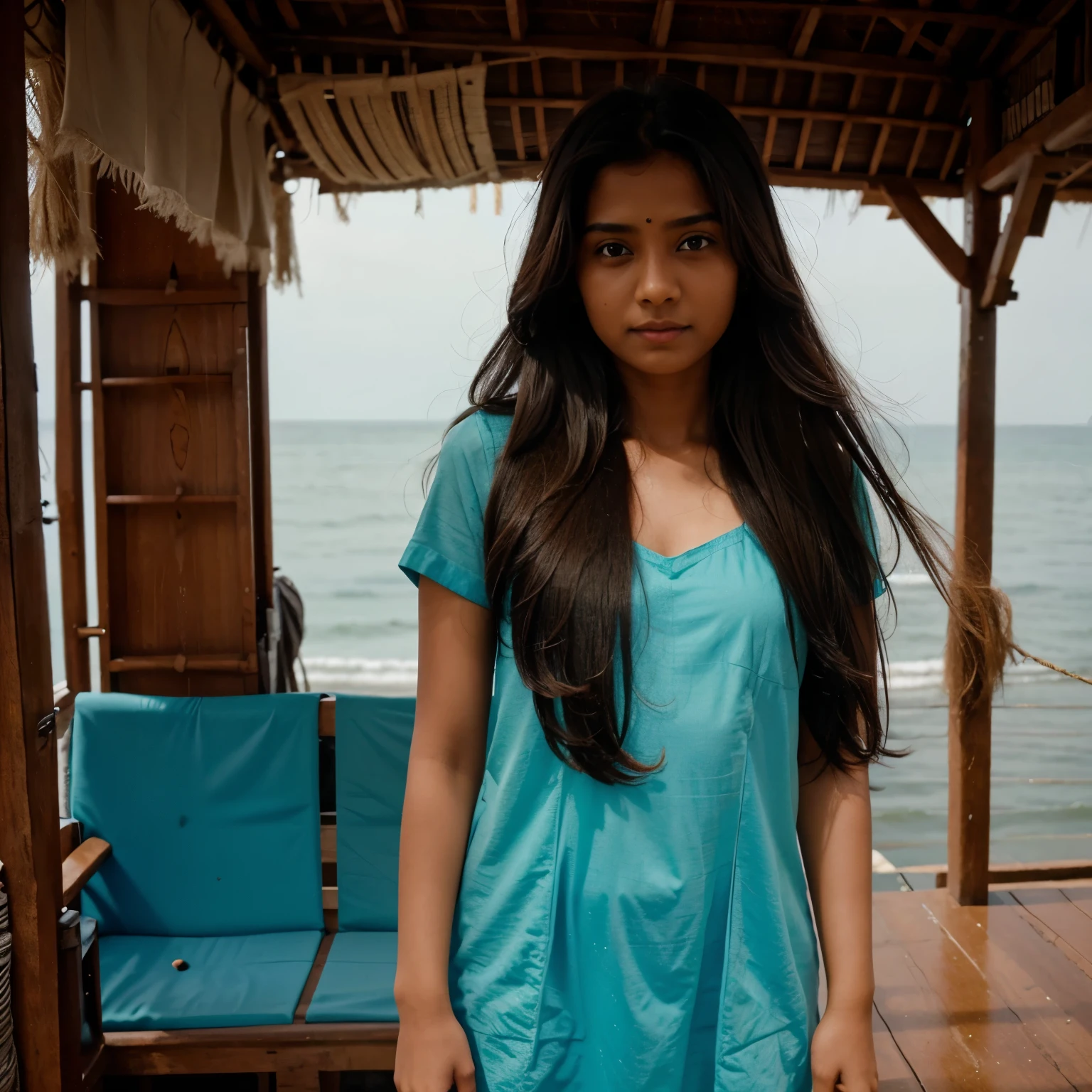 A Indian girl long hair stand near sea