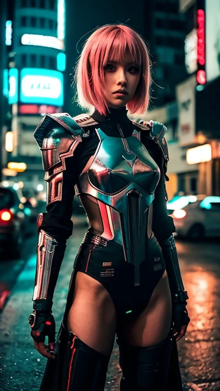 Trajes cyberpunk, cinematic lighting, cabelo verde e rosa, olhos vermelhos, metal armor, Android digital, arte de anime cyberpunk, modern and cyber style, corpo inteiro, estilo anime