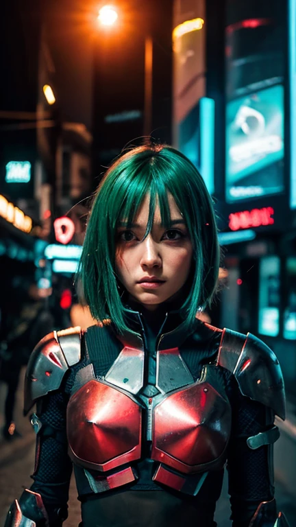 Trajes cyberpunk, cinematic lighting, cabelo verde e rosa, olhos vermelhos, metal armor, Android digital, arte de anime cyberpunk, modern and cyber style, corpo inteiro, estilo anime