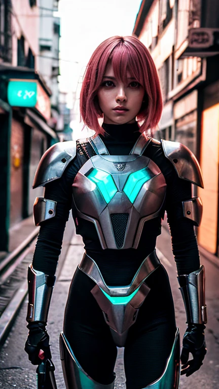 Trajes cyberpunk, cinematic lighting, cabelo verde e rosa, olhos vermelhos, metal armor, Android digital, arte de anime cyberpunk, modern and cyber style, corpo inteiro, estilo anime