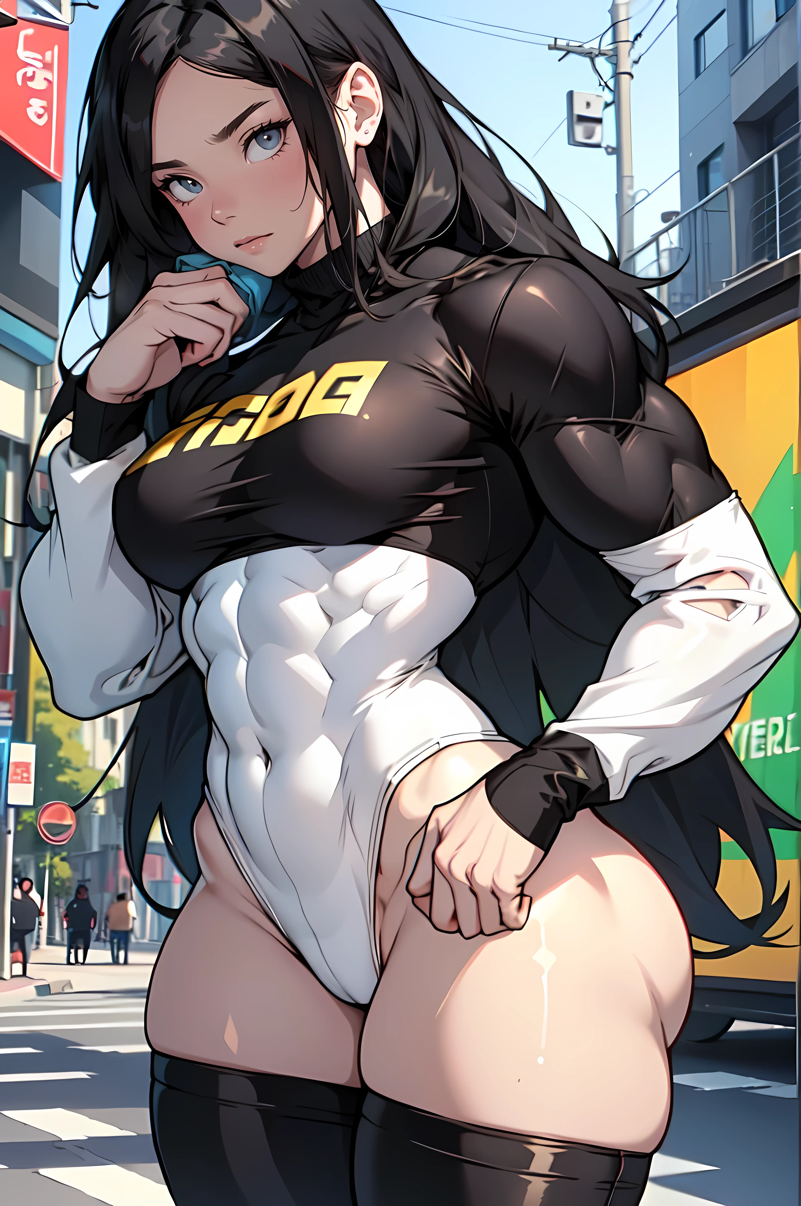 girl ((((muscular 1girl)))) ((((thick thighs toned body)))) (pale skin) black hair yellow eyes very long hair long sleeve tight t-shirt tight pants (straight hair)