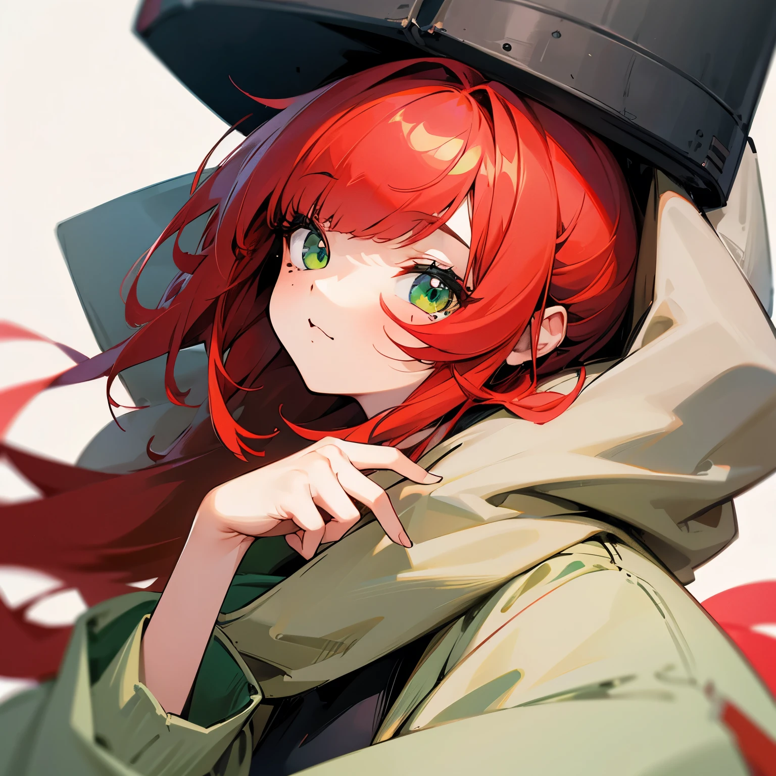 Cute girl, green eyes, red hair, mole under her right eye, grey hoodie, bangs