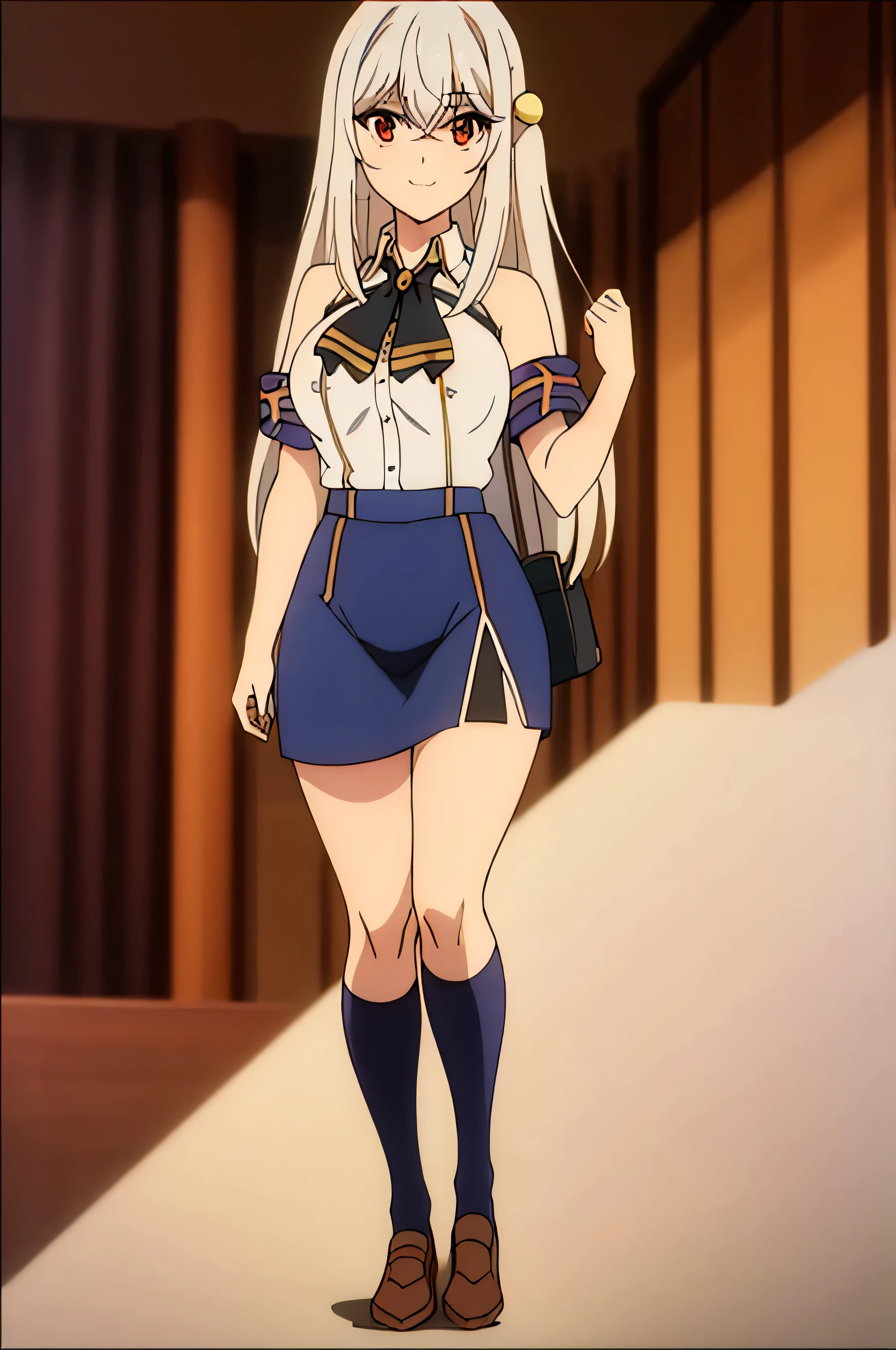 (Masterpiece Anime, One, Retro art style, Clean brush strokes, Very detailed, Perfect Anatomy, Browsing Caution), City Background, In front of the school gate, (Full Body Shot), (ninym ralei), 1Girl, Eyebrows visible through hair, bangs, Silver Hair, Spider web print, hair ornaments, sash, band, Hair Ribbon, compensate, Red eyes, (Sansakumaru:1.4), (Beautiful and detailed:1.5), Confident々Smile, High Body, Long and beautiful legs, (Large Breasts:1.5), (Sexy Poses), (Over the , Navy blue), (School uniform mini skirt, Navy blue), Leather student bag,
