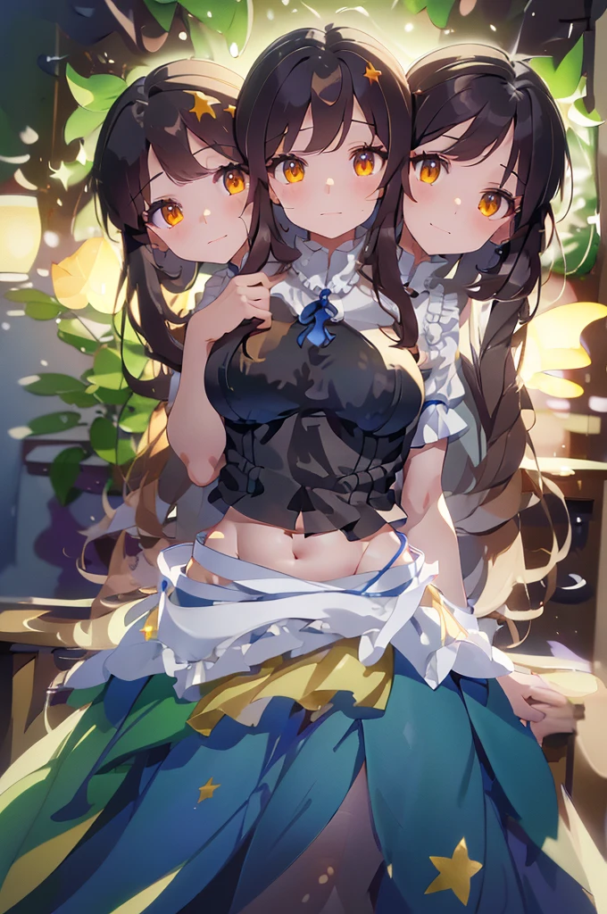 (masterpiece, best quality), best quality, (ultra-detailed), (3heads:1.5), 1girl, (star sapphire:1.3), masterpiece, best quality, ultra quality, ultra resolution, ultra detail, white top, crop top, ((stomach)), midriff, ((groin)), open midriff, white and blue skirt, miniskirt, normal ears, shackles, dark brown hair, very long hair, wavy hair, sidelocks, yellow eyes, detailed eyes, parted lips, fairy wings, sweat, cute, open belly, toned belly, hand on own chest, eyelashes, (24 year old woman:1.3), (masterpiece:1.5), (best quality:1.5), (beautiful detailed), extremely detailed CG, extremely delicate and beautiful, depth of field, (finely detailed face), (perfect details:1.2), (mature female:1.3), wide pelvis, slender, large veiny breast, 16k resolution, highres, high quality, high definition, extremely detailed, masterpiece, dark brown hair, long hair, alluring presence, braid, short skirt, miniskirt, close up, big , young, blue ribbon attached to the hair, butterfly-shaped wings, open belly, midriff, nsfw, bare stomach,