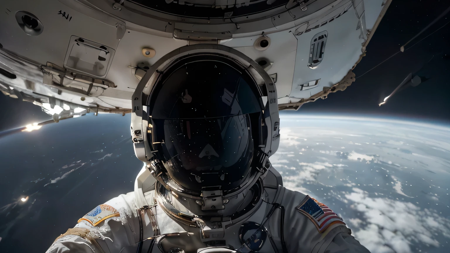 1 astronauta, capacete, traje espacial, (flutuando em gravidade zero:1.2), Terra, lua, estrelas, (Refletir a luz solar:0.8), Milky Way, (Distant Galaxies:1.3), luas, (Gas do escape:0.9), (Cosmic Microwave Background:1.1), spacewalk, (Amarrado a uma nave espacial:1.4), (Repair satellites:1.2), (Ambiente sem peso:0.7), (Communication equipment:0.8), (Explore novos planetas:1.3), (Colete amostras:1.1), sistema solar, (Reflexo de um astronauta numa viseira:0.9), (International Space Station:1.2), (A perspectiva de um astronauta:1.3), (Reentrada na atmosfera:1.4), (International cooperation:1.2), (View from inside the spacecraft:0.8), (Treinamento de astronautas:1.1), (alunagem:1.3), (Spacewalks in spacewalks):1.2), (Rover lunar:1.1), (Explore o desconhecido:1.4), (The shadow of an astronaut on the surface of the Moon:0.9), (Ferramenta flutuante:0.8), (Paisagem majestosa do globo:1.3), (Viagem interestelar:1.2), (Distintivo de astronauta:0.8), (Controle de nave espacial:1.1), (Celestial navigation:1.3), (A viseira do astronauta reflete a Terra:1.2), (Viagem espacial:1.4), (The astronauts' spacewalk was tethered to the spacecraft:1.5).
