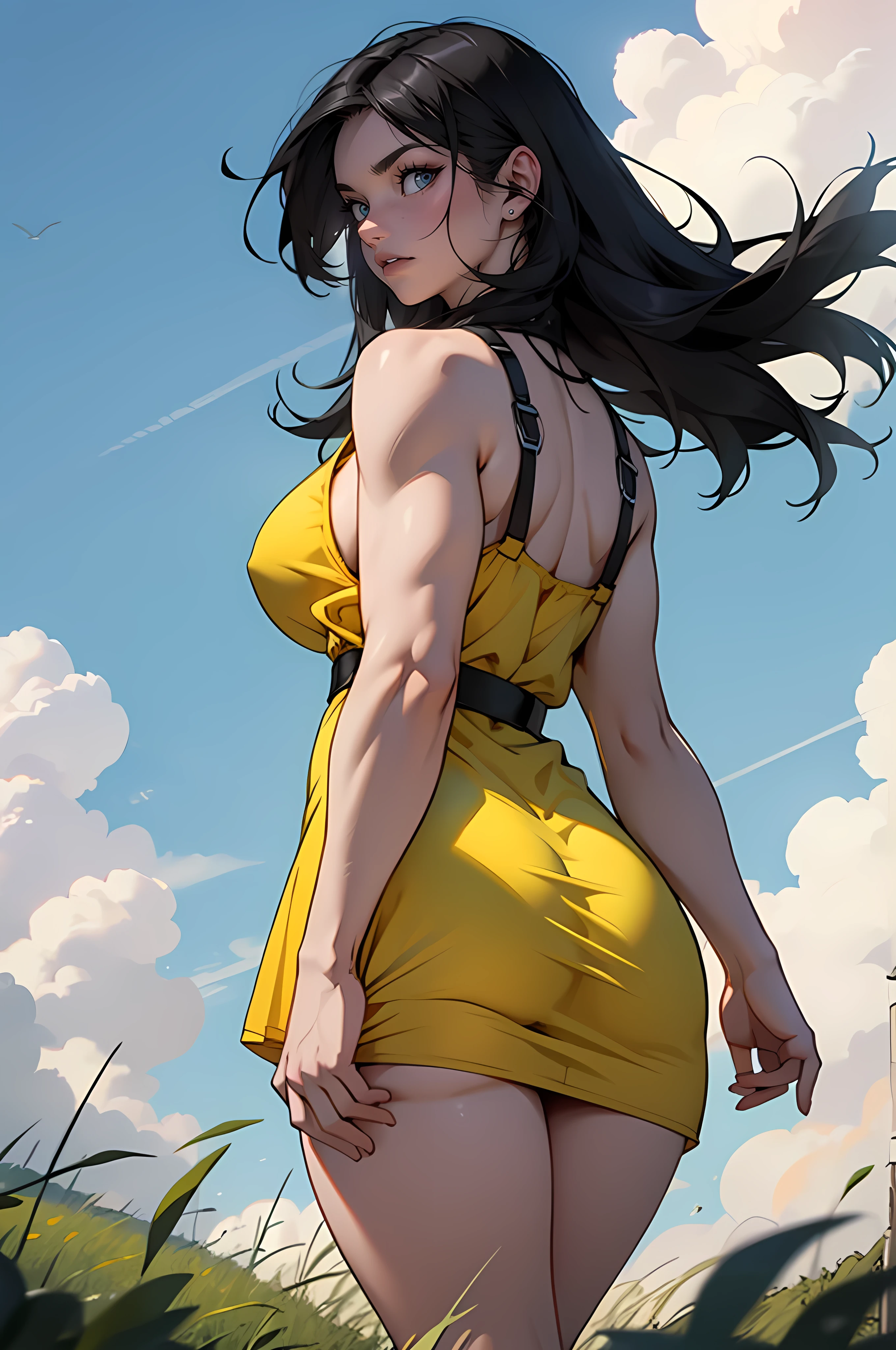 muscular huge breasts thick thighs field sky clouds black hair yellow eyes transparent sundress black hair yellow eyes pale skin solo flowing hair