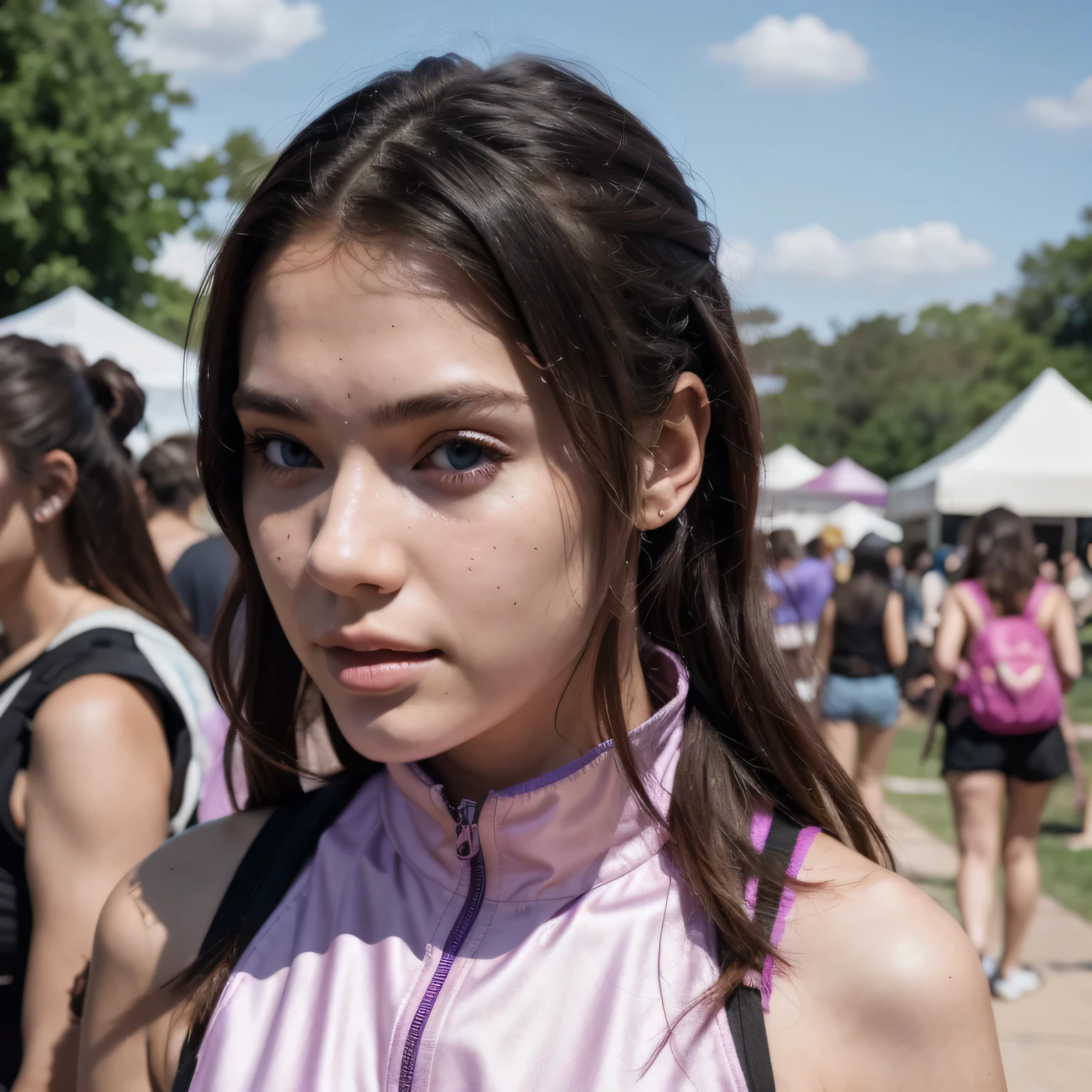 photo of a college student, in Purple Pink, futuristic space suit, (freckles:0.8) cute face, sci-fi, dystopian, detailed eyes, Heterochromia eyes（（Side view）），music festival，Activity