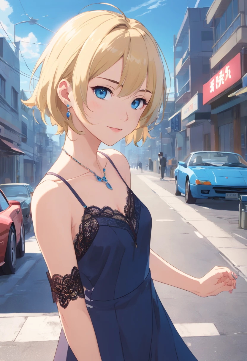 Female , ((Rubia)), ((Ojos Azules)),strapless lace bra, mini skirt, high heeels, sitting, bajo un farol. De noche, piso mojado 