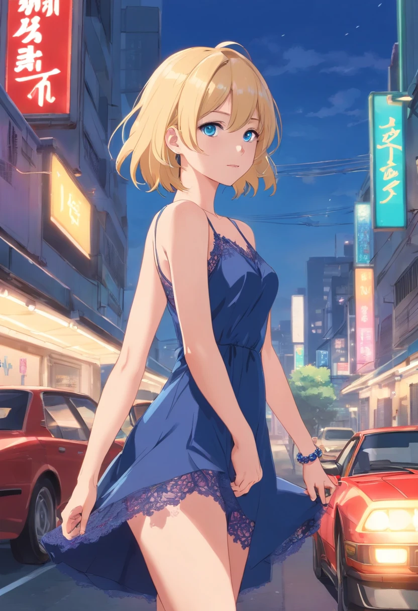 Women, ((Blonde)), ((Blue eyes)), ((Short hair)), ((Full shot)), very detailed makeup, pale pink lipstick, long earrings, bare shoulders and jewelry necklace, black satin dress with lace, a bracelet on her arm and black high-heeled shoes, standing leaning on the hood of a Ferrari with her legs crossed and smiling shyly