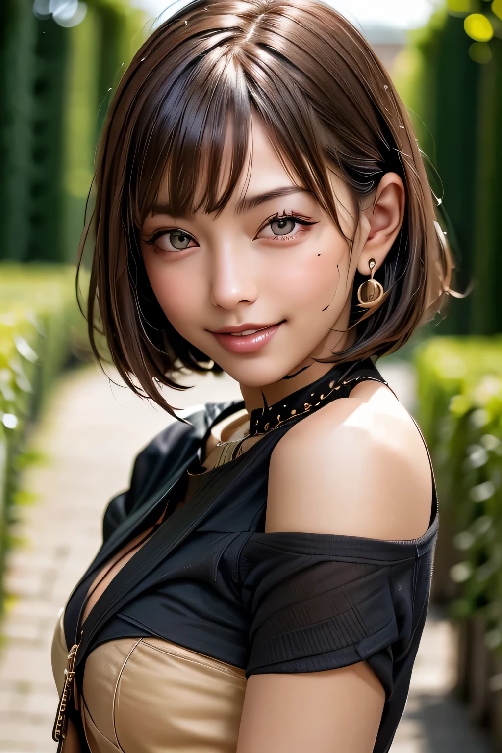 (8k, RAW Photos, highest quality, masterpiece, Realistic, Realistic), (1 female), (Ultimate beauty), Highly detailed face, (Perfect Teeth), Beautiful Eyes, double eyelid, eyelash, smile, Lip details, Brunette Bob, The light shines on your face, Big Breasts, ((T-Shirts)), (Tight mini skirt), (background: garden), ((Written boundary depth))