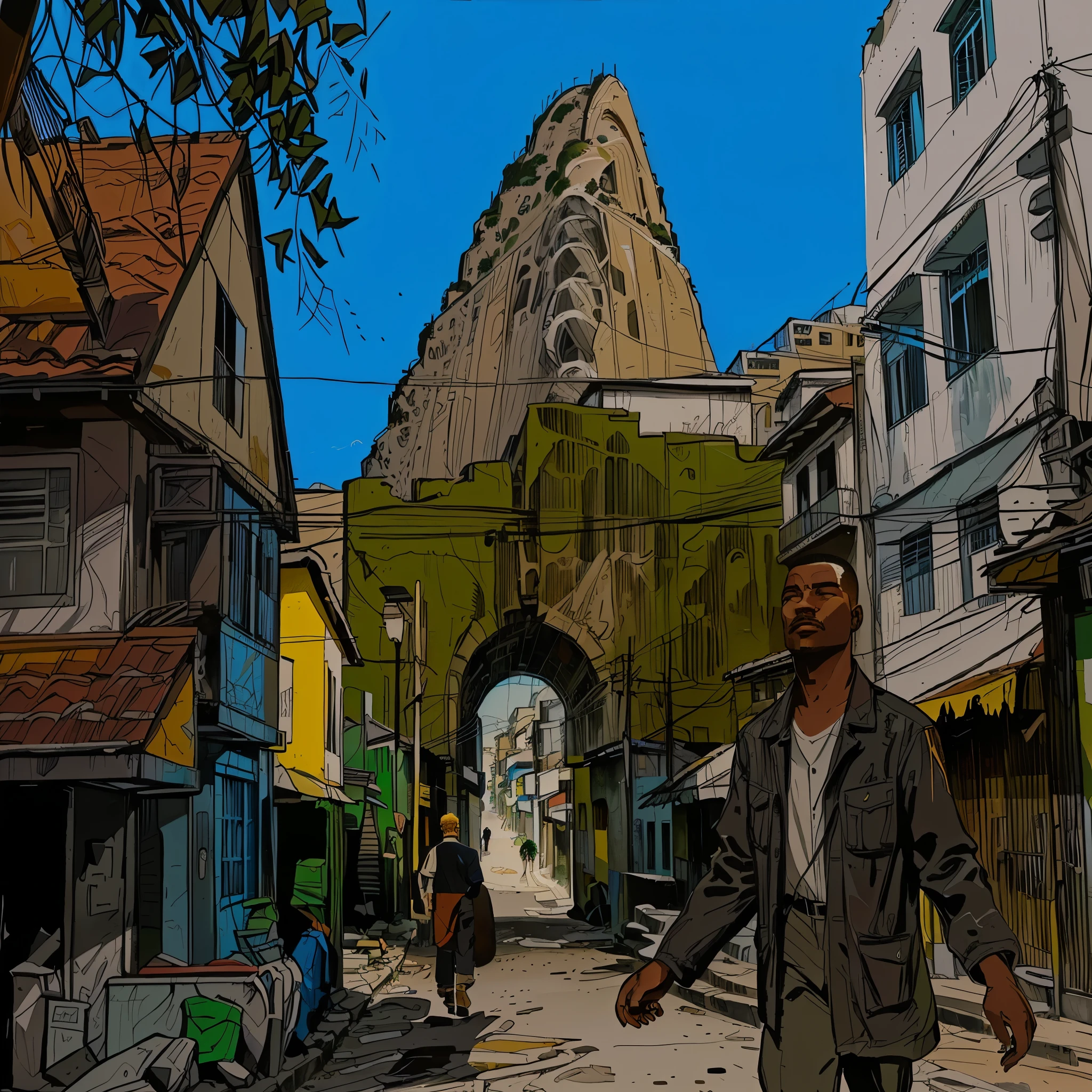 painting of a man walking down a street in a city, in style of digital painting, moutain in background, low detailed. digital painting, a digital painting, location ( favela _ wall ), rio de janeiro in an anime film, digital painted, in style of digital illustration, inspired by Francis Souza, 7 0 mm. digital art, digtial painting