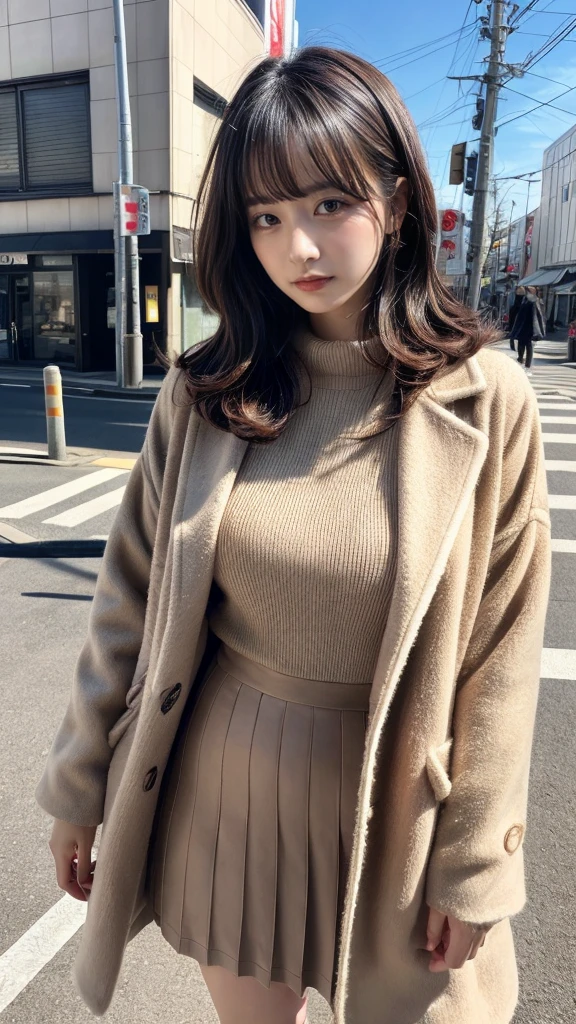 muste piece, best quality, illustration, Super detailed, fine details, High resolution, 8K,wall paper, perfect dynamic composition,(Details High quality, realistic depiction of eyes:1.3), short hair, (wavy hair:1.2), Gorgeous and stylish black fluffy latest trend Tokyo winter clothes, (Elegant and high quality coat:1.1)、(The perfect and most natural light brown coat:1.1), wool sweater, A-line skirt, Layered Cut, black hair color, Big Natural Color Lip, sexy pose, crying a little、cold gaze, Harajuku style、20 year old girl、cute type、lolita, hposing Gravure Idol, full body photo、focus on crotch, huge breasts