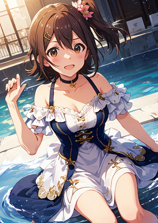 Mirai Kasuga, (highest quality, 8k, masterpiece, Very detailed:1.2), (Lens flare, Particles of light, Shine), Big Breasts, smile, Open your mouth, masterpiece, highest quality, Very detailed, High resolution, Very detailedなCG, (Official Art), Off the shoulder , White Dress,(Spread your legs), (Embarrassing:1.1), (blush:1.2), Open your mouth, (shout:1.1), (Moving lines:1.1),  