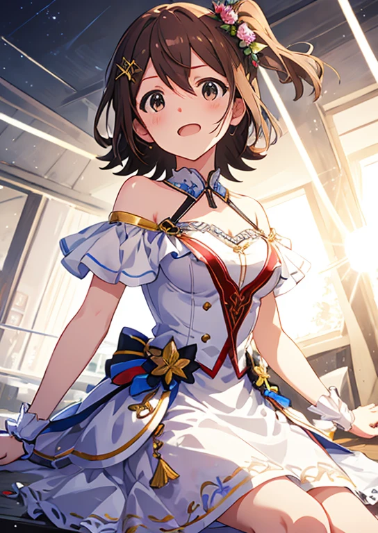 Mirai Kasuga, (highest quality, 8k, masterpiece, Very detailed:1.2), (Lens flare, Particles of light, Shine), Big Breasts, smile, Open your mouth, masterpiece, highest quality, Very detailed, High resolution, Very detailedなCG, (Official Art), Off the shoulder , White Dress,(Spread your legs), (Embarrassing:1.1), (blush:1.2), Open your mouth, (shout:1.1), (Moving lines:1.1),  