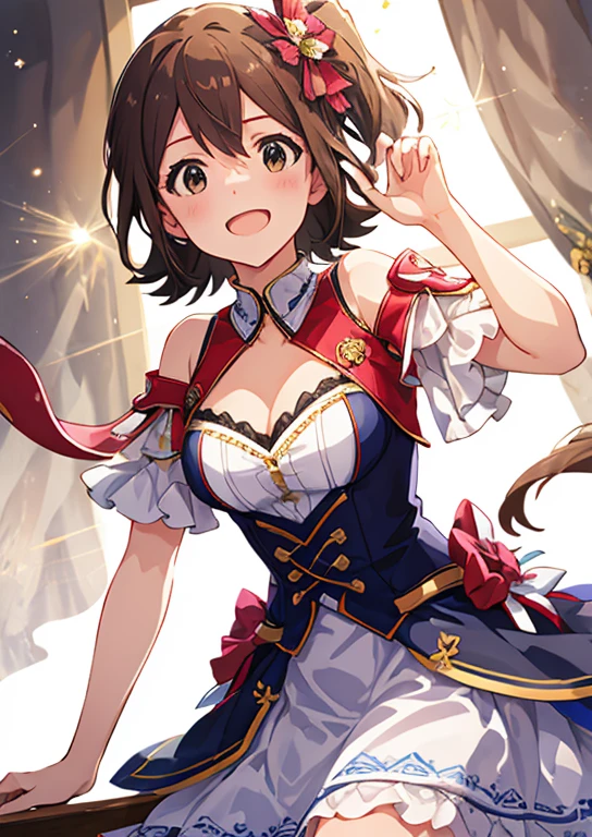Mirai Kasuga, (highest quality, 8k, masterpiece, Very detailed:1.2), (Lens flare, Particles of light, Shine), Big Breasts, smile, Open your mouth, masterpiece, highest quality, Very detailed, High resolution, Very detailedなCG, (Official Art), Off the shoulder , White Dress,(Spread your legs), (Embarrassing:1.1), (blush:1.2), Open your mouth, (shout:1.1), (Moving lines:1.1),