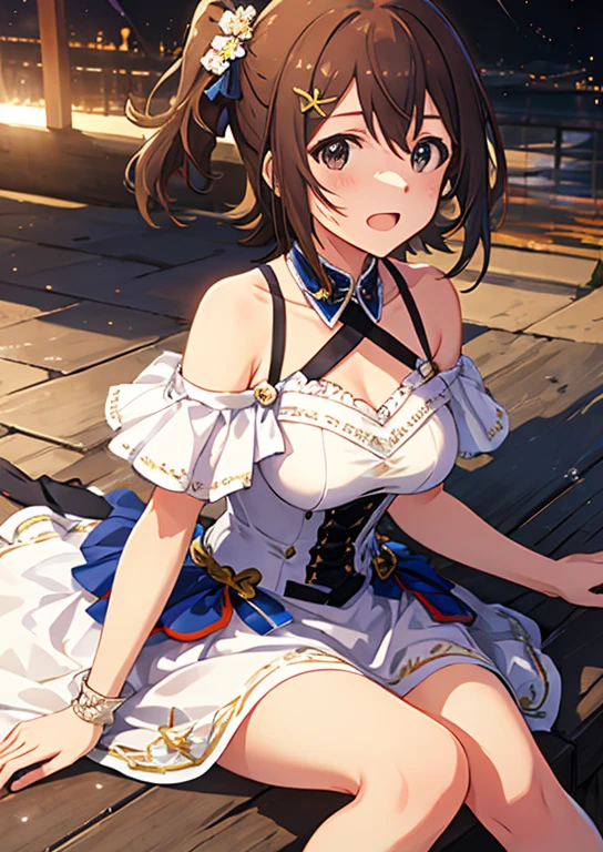Mirai Kasuga, (highest quality, 8k, masterpiece, Very detailed:1.2), (Lens flare, Particles of light, Shine), Big Breasts, smile, Open your mouth, masterpiece, highest quality, Very detailed, High resolution, Very detailedなCG, (Official Art), Off the shoulder , White Dress,(Spread your legs), (Embarrassing:1.1), (blush:1.2), Open your mouth, (shout:1.1), (Moving lines:1.1),