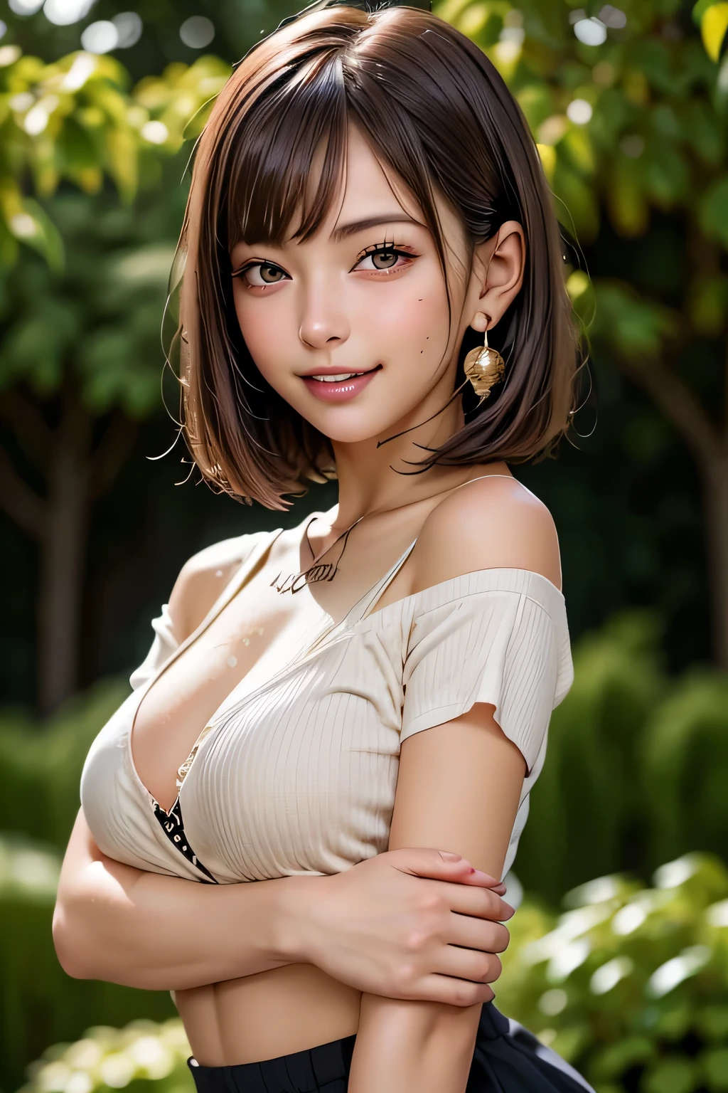 (8k, RAW Photos, highest quality, masterpiece, Realistic, Realistic), (1 female), (Ultimate beauty), Highly detailed face, (Perfect Teeth), Beautiful Eyes, double eyelid, eyelash, smile, Lip details, Brunette Bob, The light shines on your face, Big Breasts, ((T-Shirts)), (Tight mini skirt), (background: garden), ((Written boundary depth))