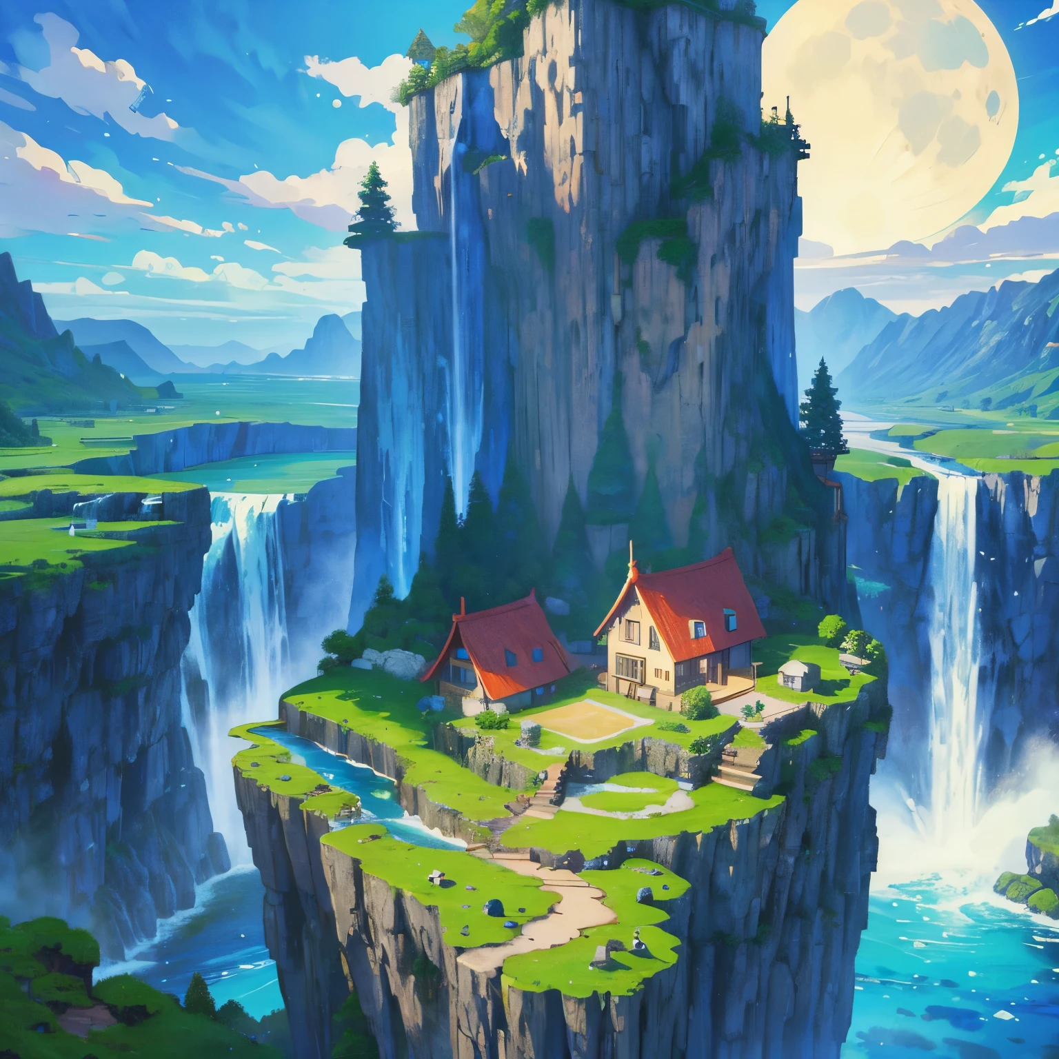 pixel art, sky island, cute, game, fantasy, small house, moon, lake, waterfall