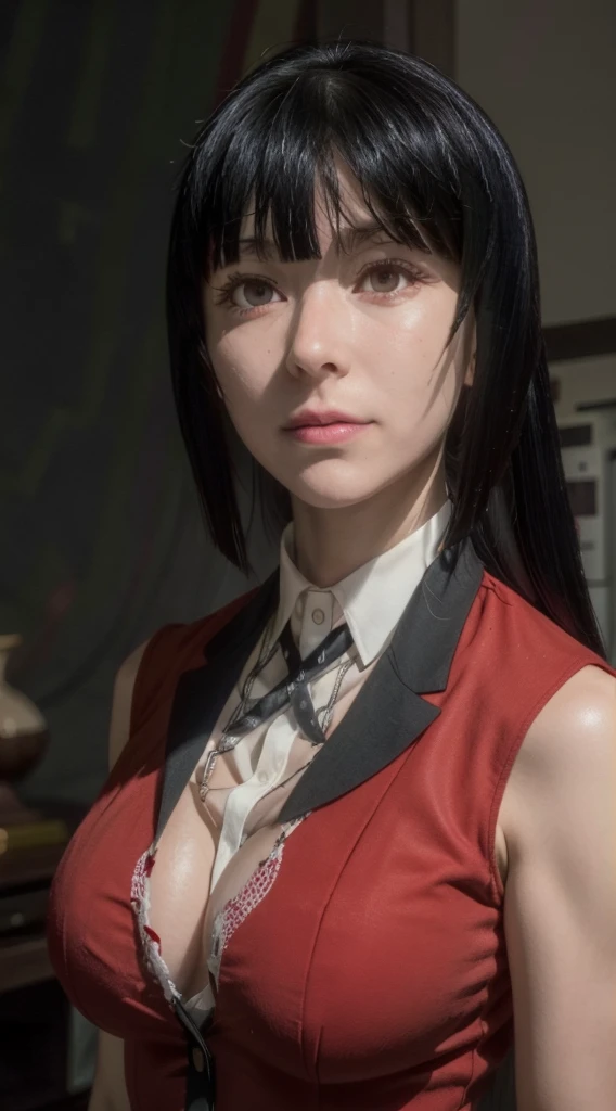 ((masterpiece, best quality)), (1girl), (solo), (female focus), jabami yumeko (kakegurui),(very detailed face, real image, realistic white skin, realistic body, intricate details), upper body, sedutive smile , red eyes, looking at the viewer, bandages over the body, black hair, far sleeve shirt, pinaforee dress, black necktie, bandages, big breasts
