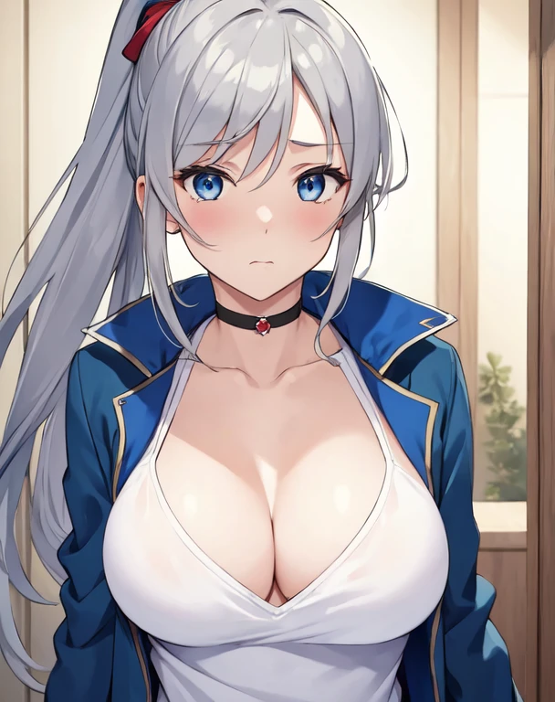 (((masterpiece))), ShizukaMikazuki, One Girl, alone, View your viewers, Long Hair, Gray Hair, Long sleeve, Cleavage, Large Breasts, Mature Body,clavicle, Jacket, Open clothes, open Jacket, blue Jacket, Ground vehicles, Play sports often, bicycle,blue eyes, High Ponytail, The look of temptation,Embarrassed face,Choker with charm