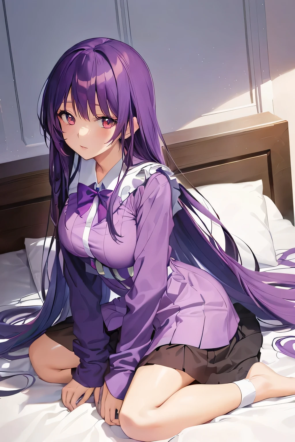 Anime girl in purple clothes lying on bed with legs crossed, Enchanting anime girl, Anime Moe Art Style, anime style, Smooth anime CG art, Beautiful and attractive anime teen, Hinata Hyuga, Beautiful anime girl crouching, , Marin Kitagawa Fanart, Anime Best Girl, Attractive anime girl