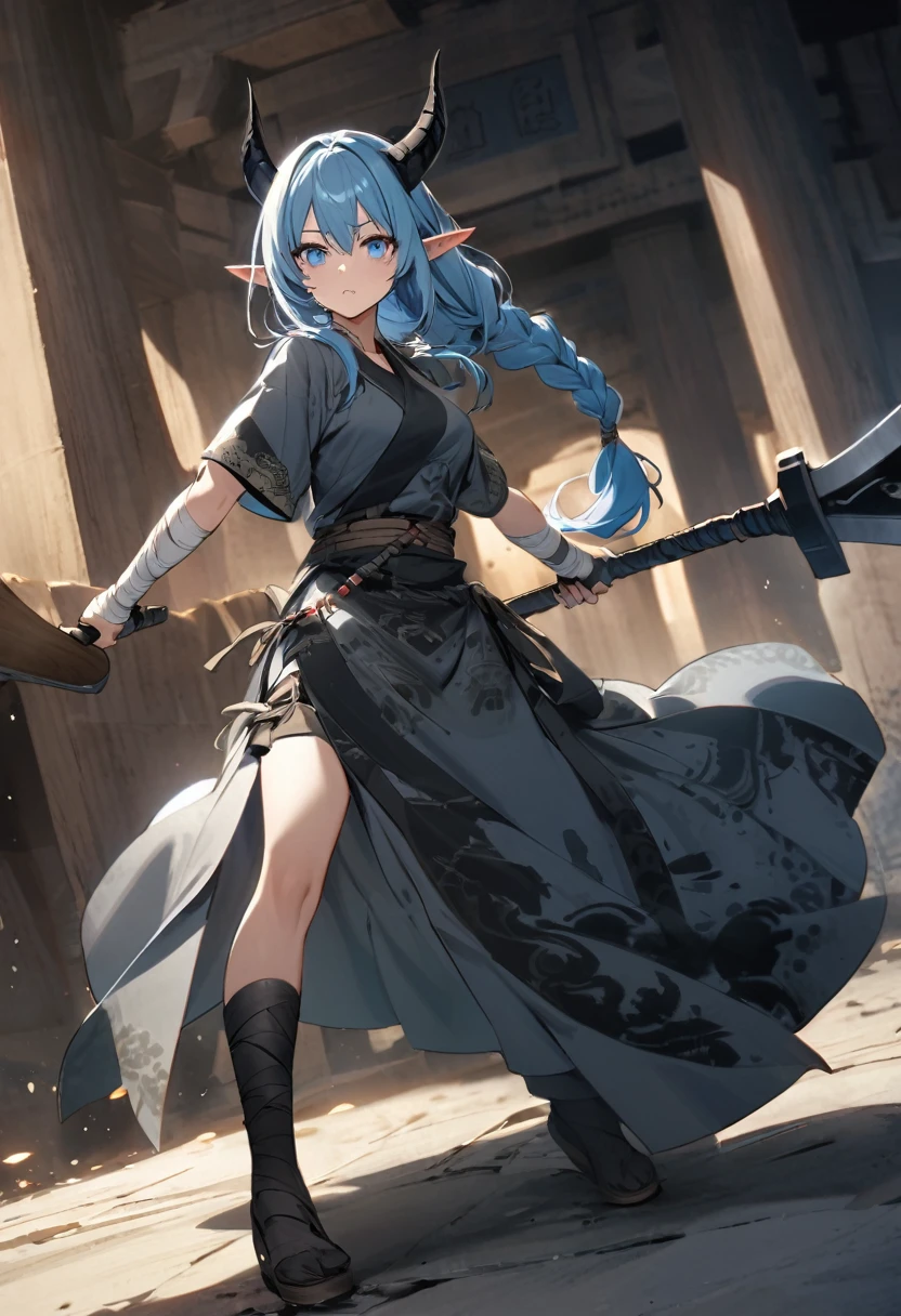 [[woman]], [[blue long hair with braids]], [[blue eyes]], [[floating black ink]], [[Bandages cover arms and hands completely]], [[Bandages cover legs completely]], [[temple attire]], [[black horns]]. [[elf ears]], [[battle axe]]