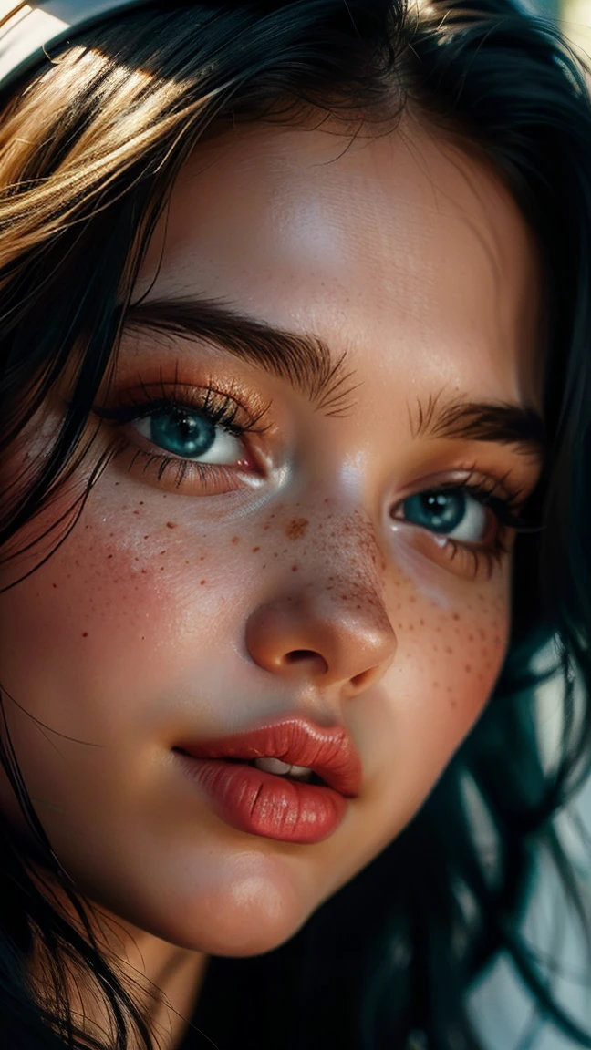Ultra-realistic full-face photorealistic image of a goddess, 18-year-old young with a beautiful face and deep blue eyes and a charming chin that captivates anyone who meets her. Her ornate light black hair falls gracefully over her shoulders, framing her face elegantly. Full lips paint a smile. His face is adorned with one or more spots, adding a touch of mystery and charm. Light freckles add a playful and natural look to your appearance, giving you an aura of freshness. Her beauty is a harmonious blend of unique and captivating features, making her irresistibly attractive. - Immerse the viewer in the extravagant charm of a visual by purposefully avoiding direct eye contact with the camera by focusing to the right. The model, dressed in bold makeup, has a captivating expression and a mix of seductive mystery.