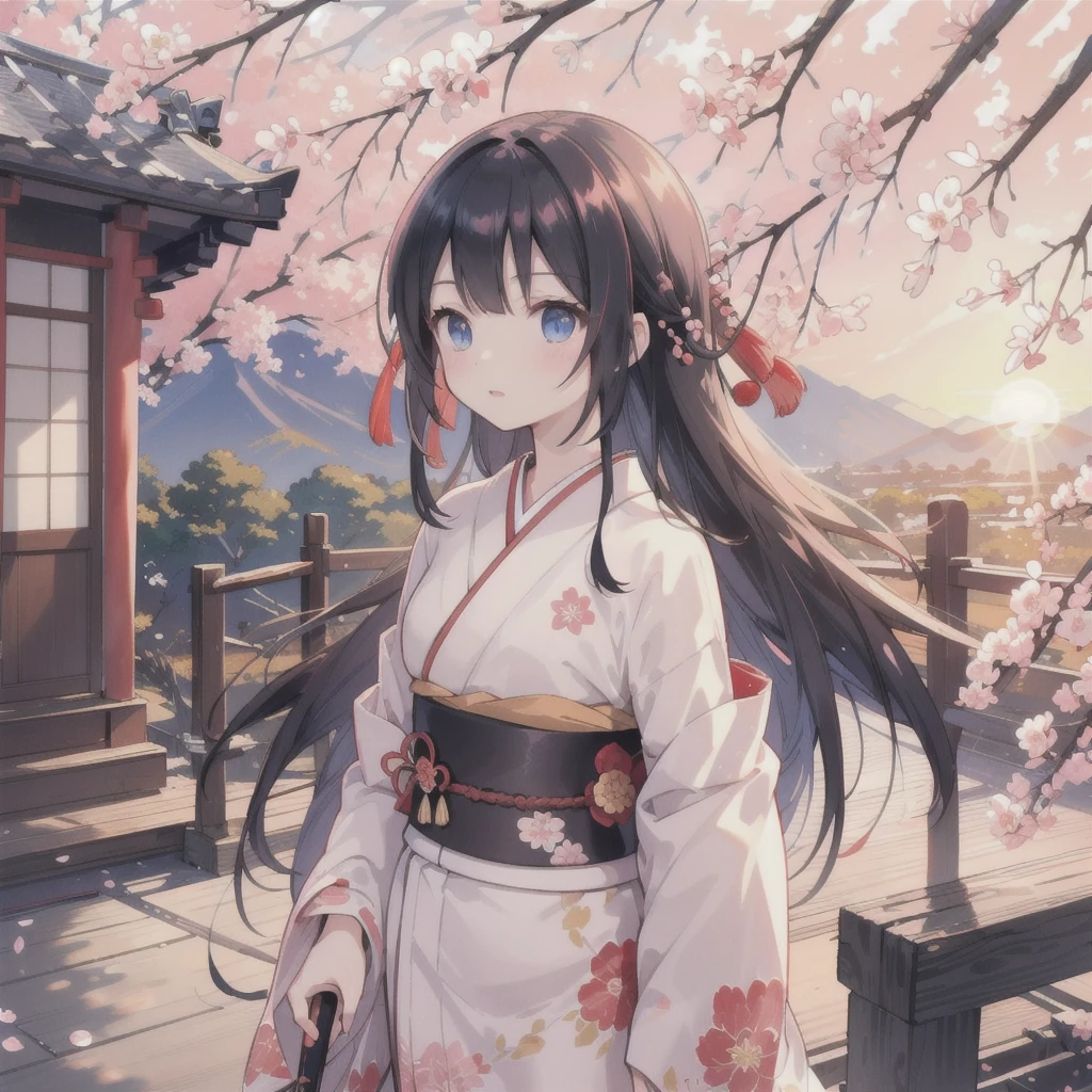A girl with a katana, wearing a vibrant red kimono, is the main subject of the scene. The girl has striking blue eyes, glossy black hair styled in a traditional Japanese manner, and a determined expression on her face. She is surrounded by cherry blossom trees, their delicate pink petals gently falling around her. In the background, there is a serene landscape with mountains and a beautiful sunset sky. The scene is depicted in a traditional Japanese ink painting style, with brushstrokes that capture the essence of movement and emotion.

The artwork is created using a medium of traditional Japanese ink painting, giving it a sense of authenticity and classical beauty. The strokes are bold and dynamic, showcasing the artist's skill and attention to detail. The artwork is of the highest quality, ensuring every minute detail is perfectly rendered, creating an ultra-detailed masterpiece.

The color palette is rich and vibrant, with deep reds, contrasting with the soft pinks of the cherry blossoms and the warm hues of the sunset sky. The lighting is atmospheric, with a warm, golden glow emanating from the setting sun, casting long, dramatic shadows on the ground.

In summary, the Stable Diffusion prompt is as follows:
"A girl with a katana, wearing a vibrant red kimono, beautiful detailed eyes, surrounded by cherry blossom trees, traditional Japanese ink painting style, mountains, and a beautiful sunset sky. (best quality, masterpiece:1.2), ultra-detailed, realistic:1.37, traditional Japanese ink painting, vivid colors, warm lighting."