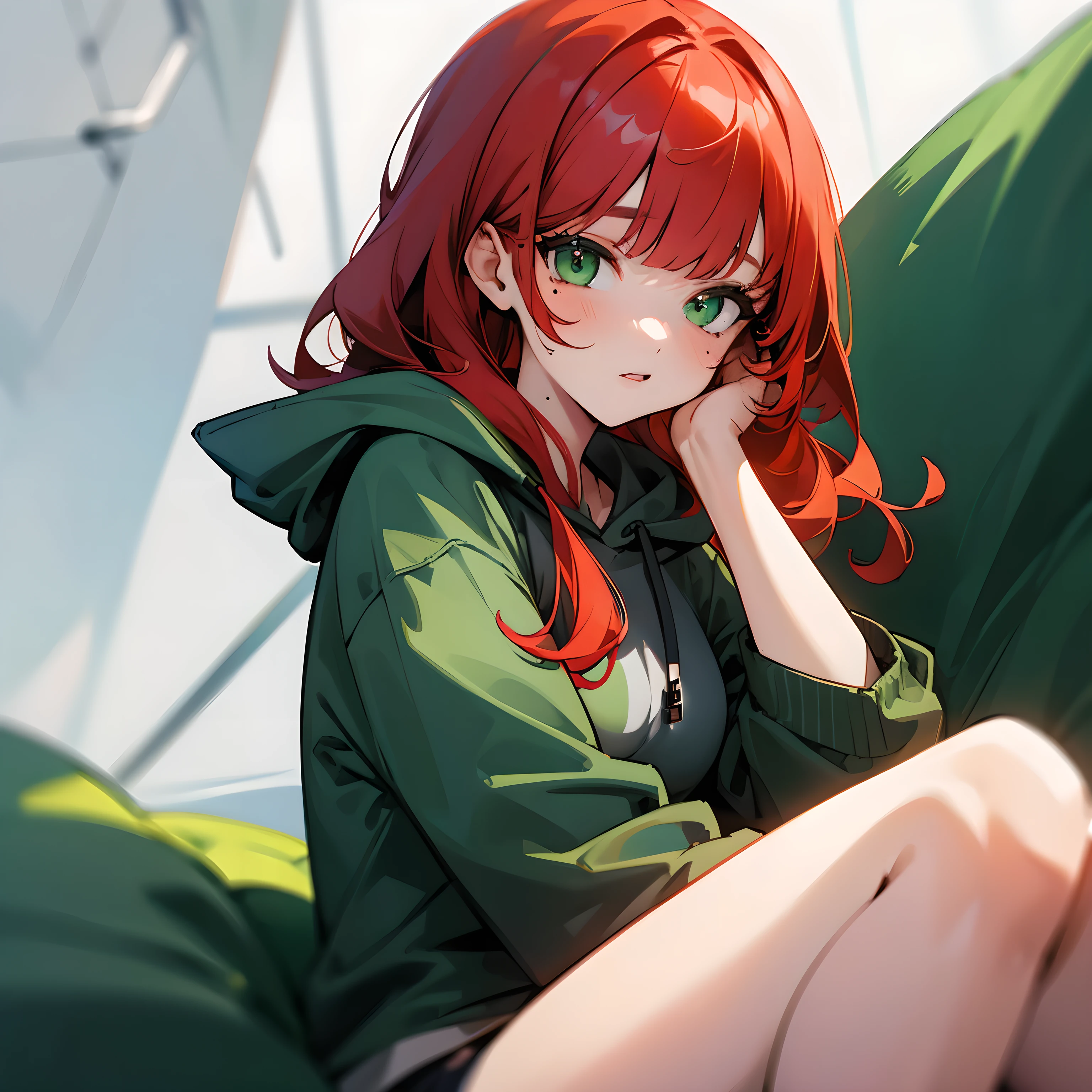 Cute girl, green eyes, red hair, mole under her right eye, grey hoodie, bangs