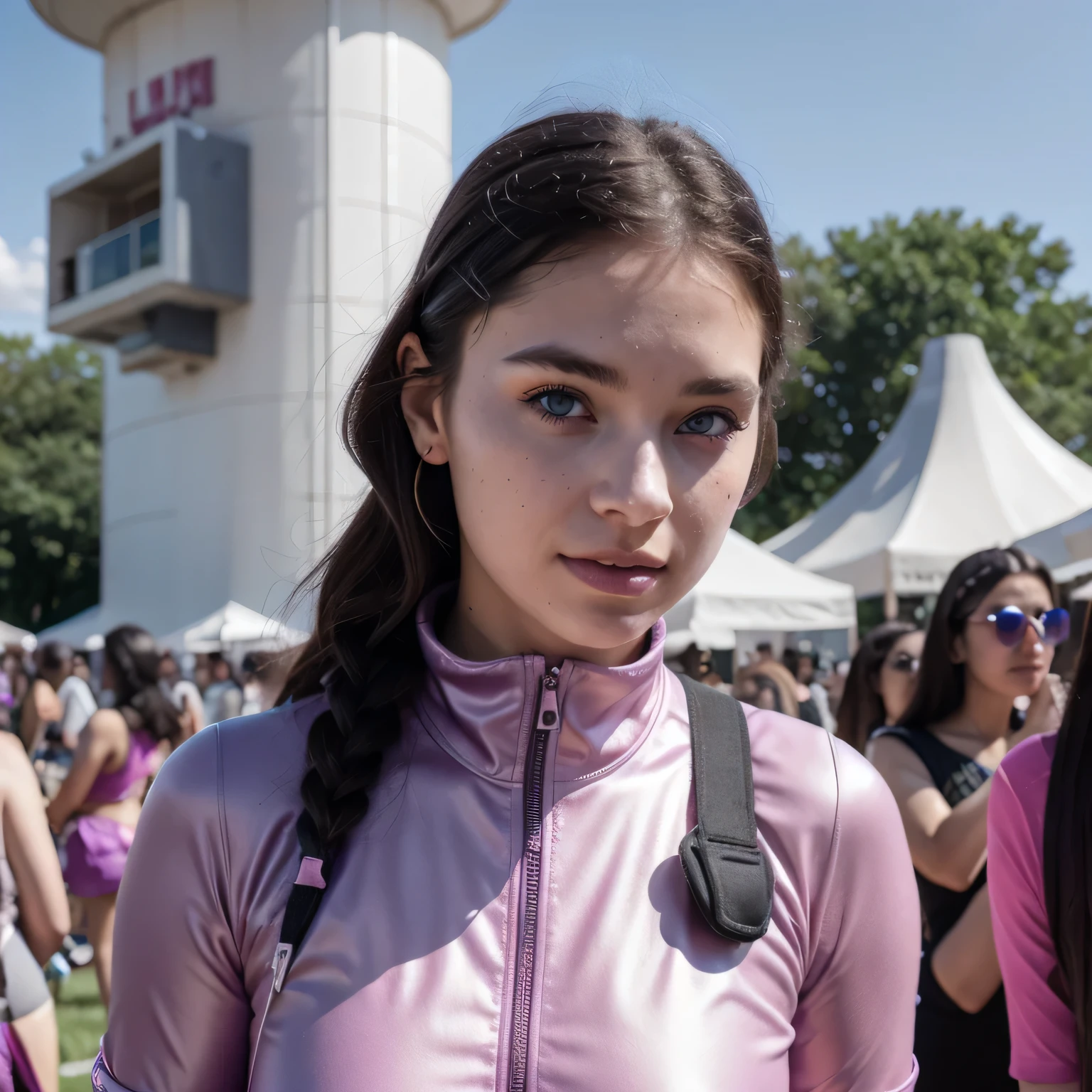 photo of a college student, in Purple Pink, futuristic space suit, (freckles:0.8) cute face, sci-fi, dystopian, detailed eyes, Heterochromia eyes（（Side view）），music festival，Activity