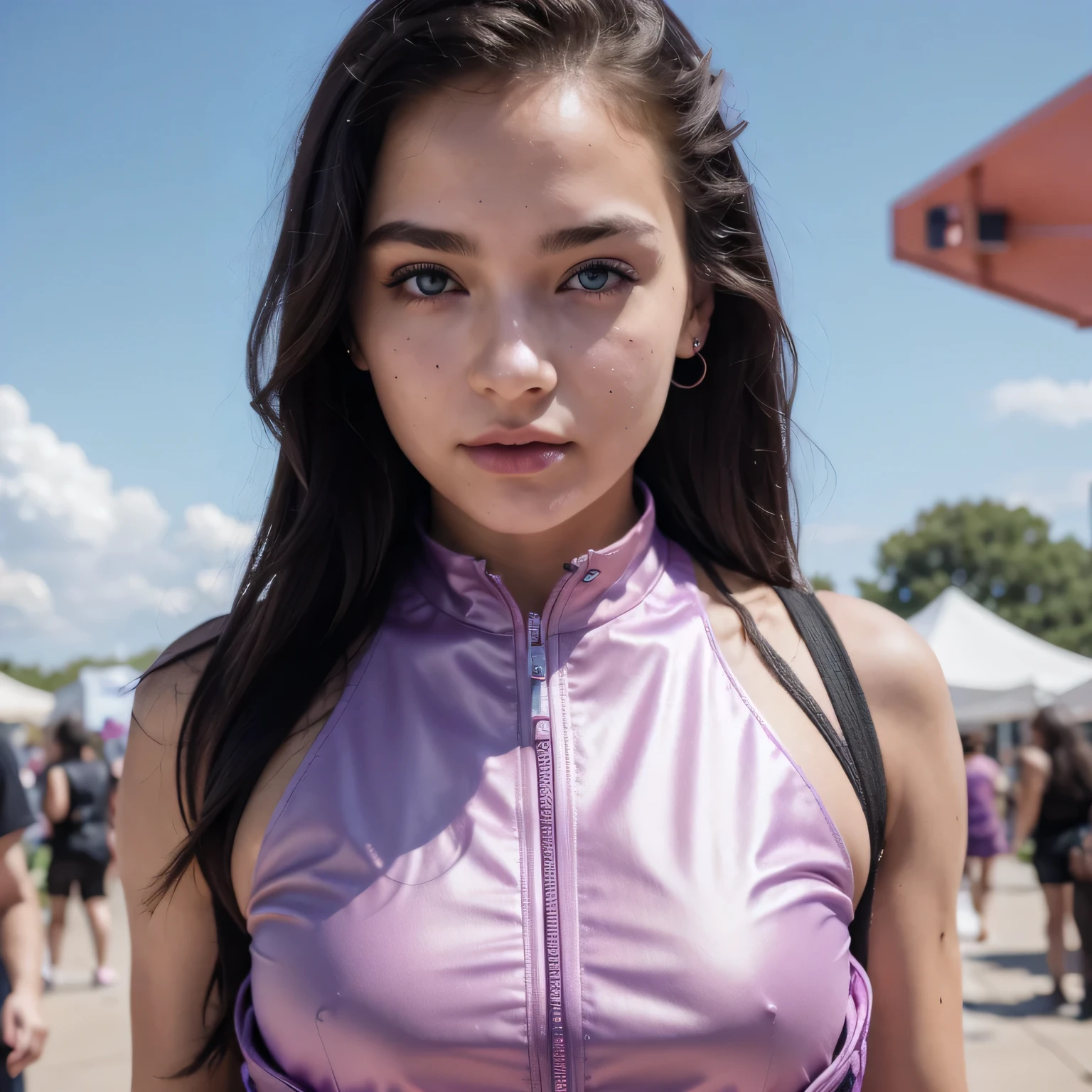 photo of a college student, in Purple Pink, futuristic space suit, (freckles:0.8) cute face, sci-fi, dystopian, detailed eyes, Heterochromia eyes((Side view)),music festival,Activity