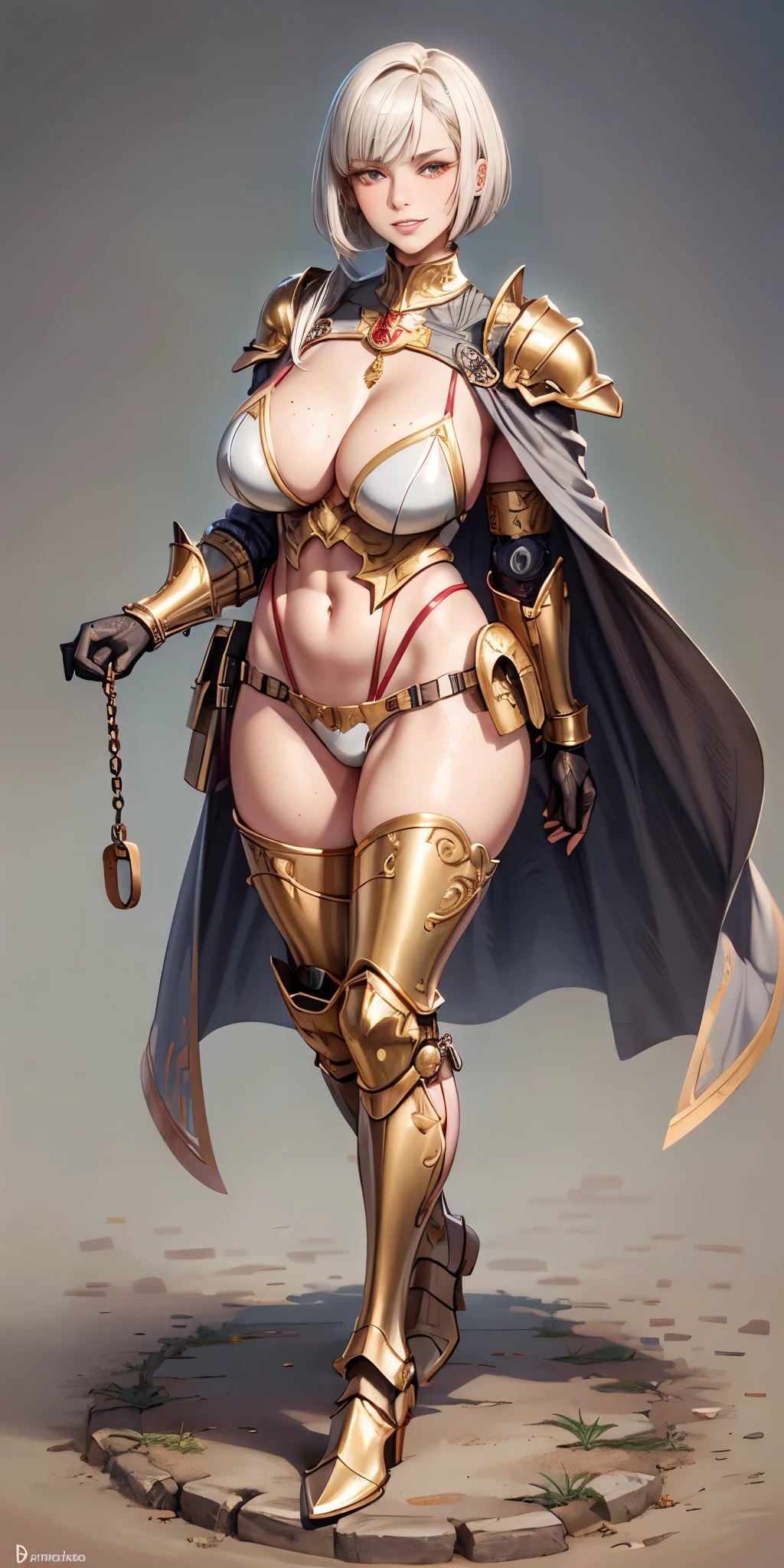 (Masterpiece, grey background:1.2) solo, detailed face, intricate iris, thick lips, robot girl, (gold and white skin), realistic illustration of a (cyborg girl), (RED eyes), IvoryGoldAI, (freckles),(holding BREATHTAKING:1.2), (gold and white armor:1.2), (looking at viewer:1.2), parted lips, standing straight symmetrical, looking at viewer, ful smirking smile face red blushed red cheeks, thick thighs, thigh highs, thigh, boots, armor, armored boots, full body armor, bikini armor, big breae, pauldron, bracers, leather black choker, tiger claws gloves, short bob white haircut, helmeted, metal shoulders, red long loincloth, longest blue cape reach to the waist, shackles and chains wristbands